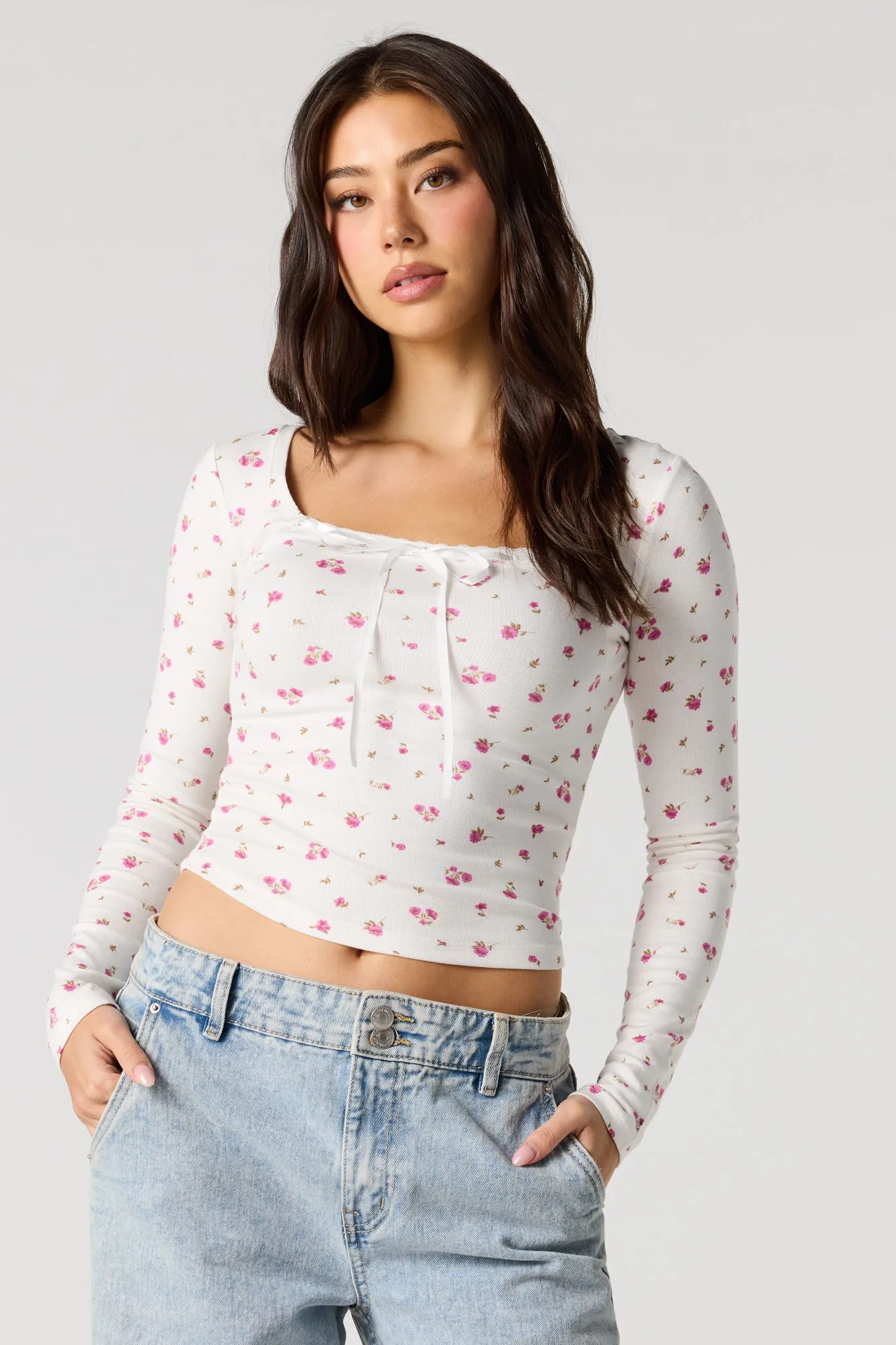 Ribbed Ribbon Bow Long Sleeve Top sold by Urban Planet