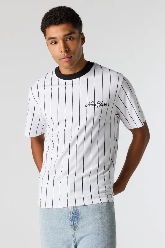 New York Embroidered Pinstriped T-Shirt sold by Urban Planet