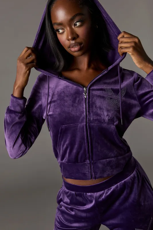 Playboy Rhinestone Velour Zip-Up Hoodie sold by Urban Planet