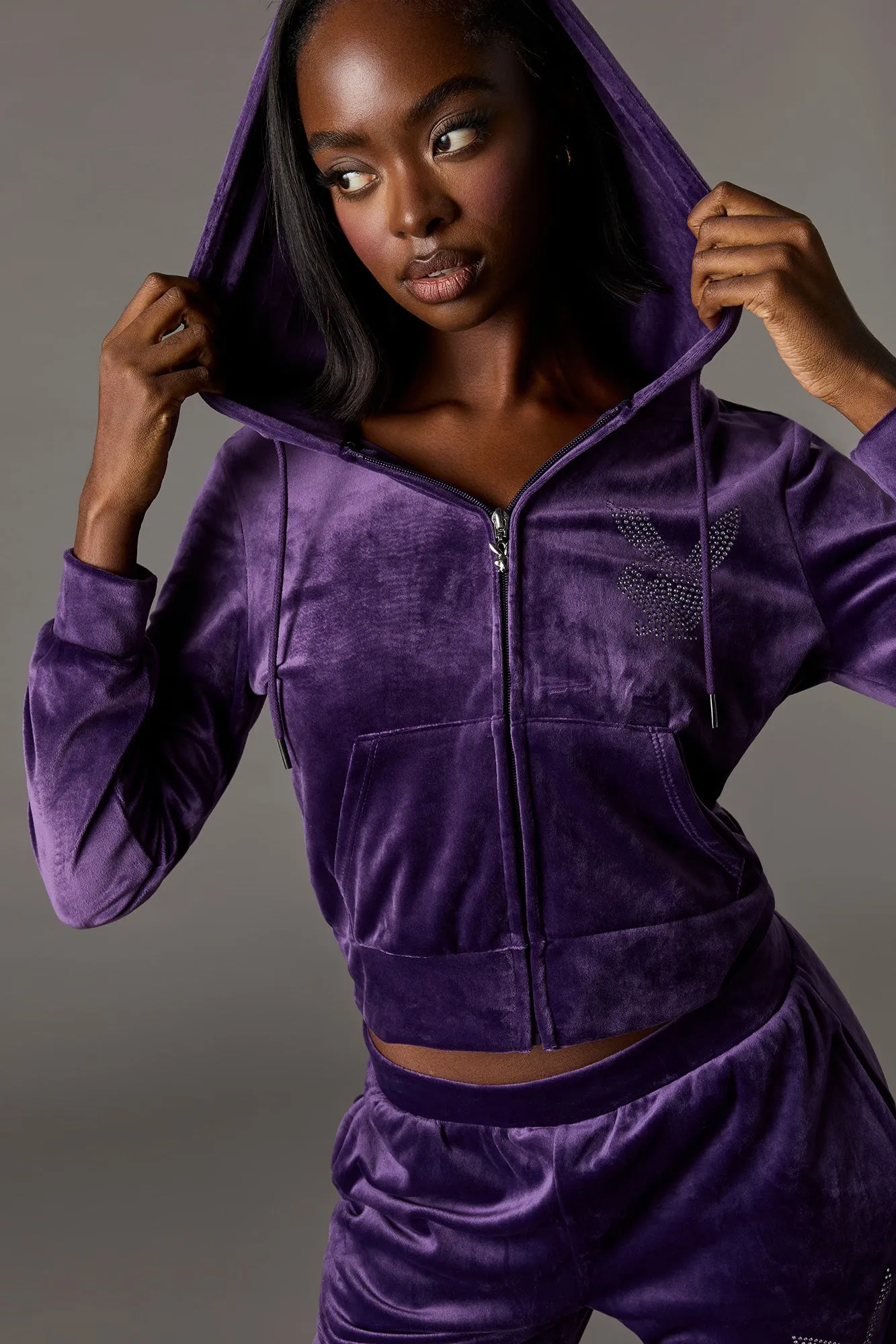Playboy Rhinestone Velour Zip-Up Hoodie sold by Urban Planet