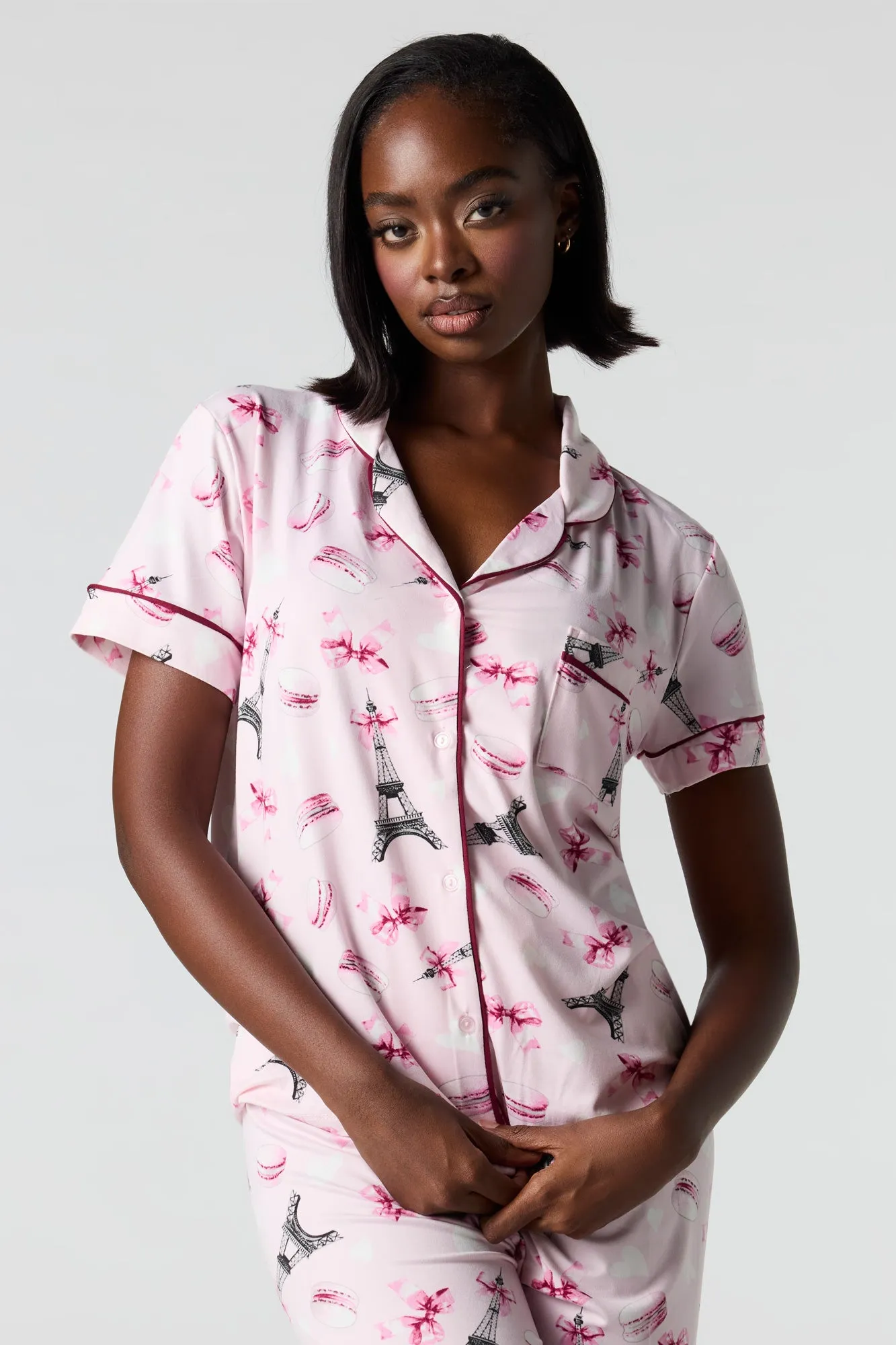 Printed Button-Up Top & Pant Pajama Set sold by Urban Planet product image thumbnail 2