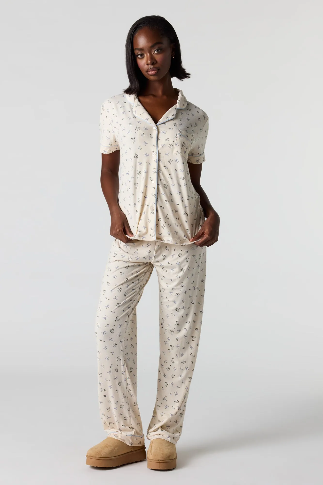 Printed Button-Up Top & Pant Pajama Set sold by Urban Planet product image thumbnail 5