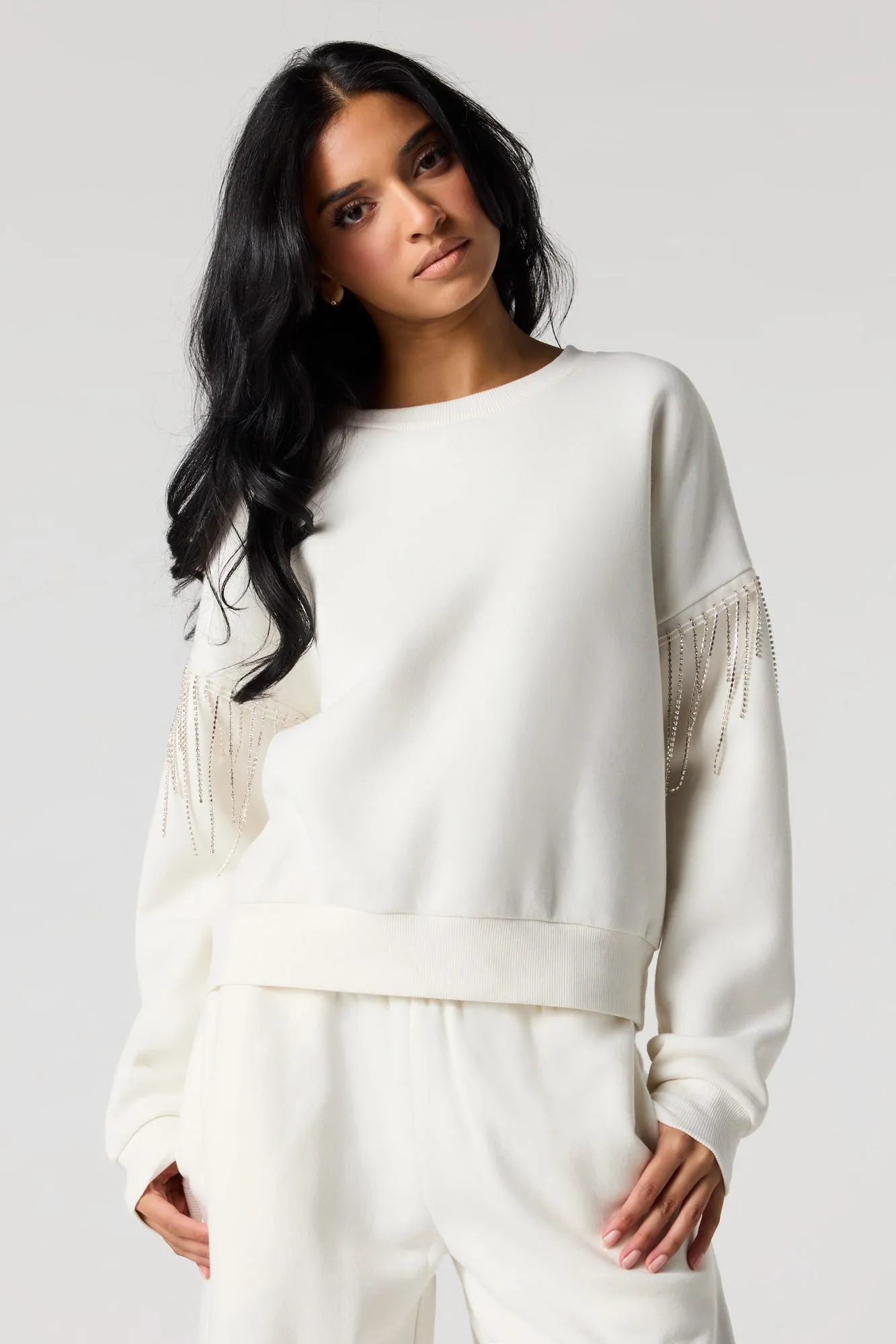 Rhinestone Sleeve Fleece Sweatshirt sold by Urban Planet