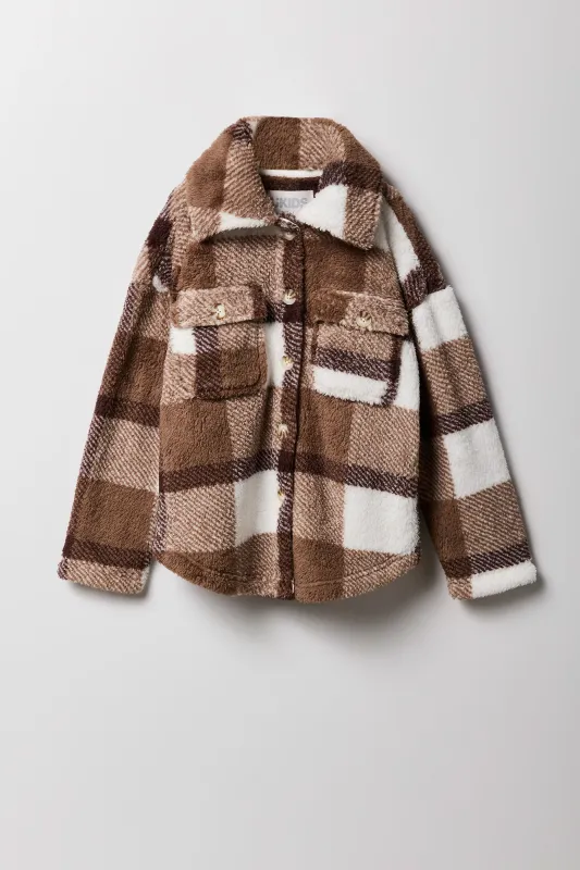 Girls Plaid Sherpa Shacket sold by Urban Planet
