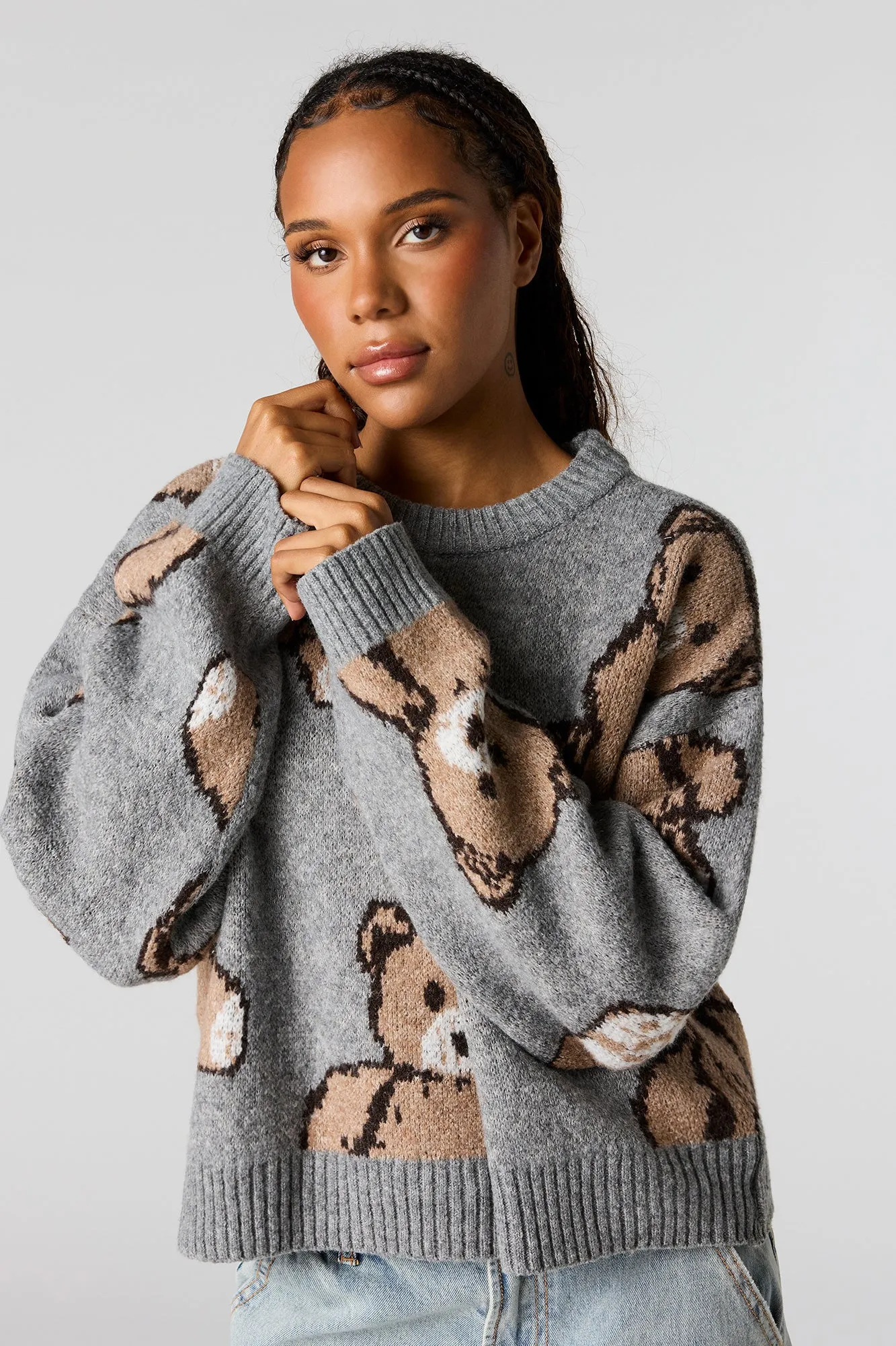 Teddy Bear Jacquard Knit Cropped Sweater sold by Urban Planet