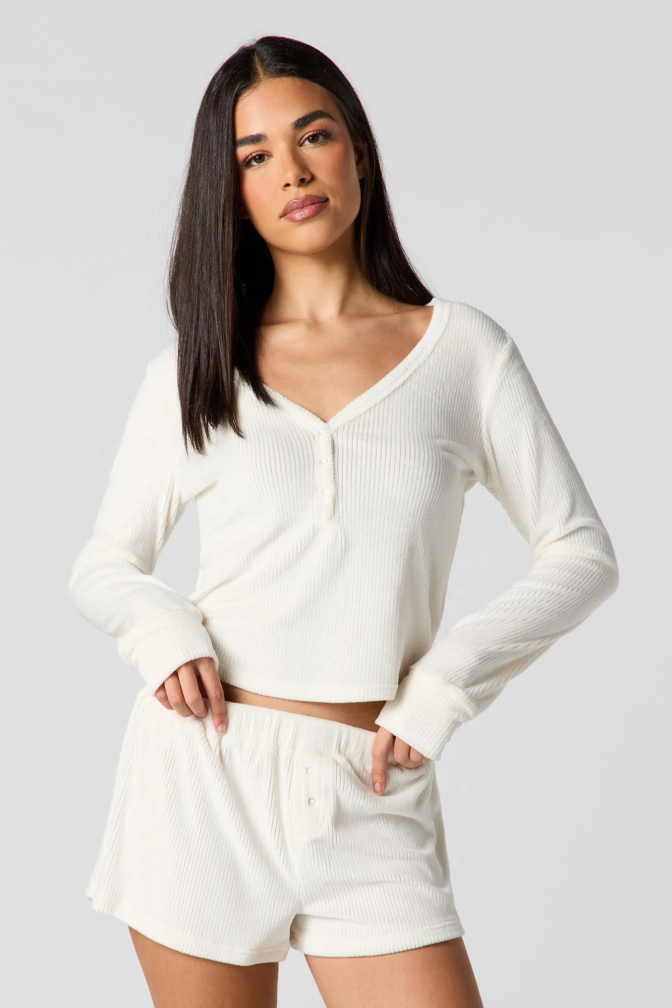 Velour Long Sleeve Top & Short Pajama Set sold by Urban Planet product image thumbnail 4