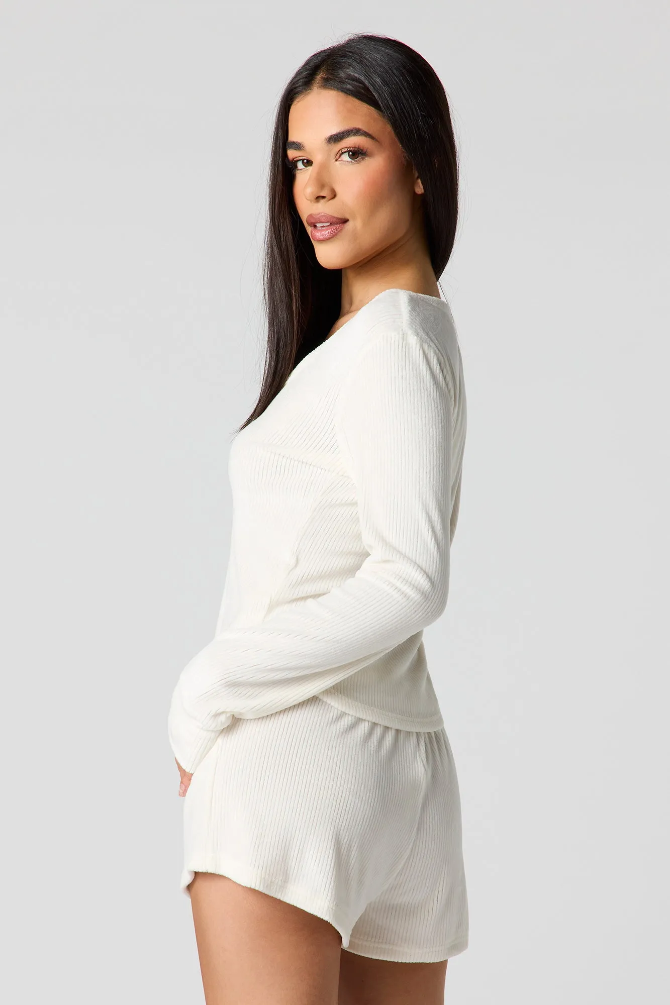 Velour Long Sleeve Top & Short Pajama Set sold by Urban Planet product image thumbnail 5