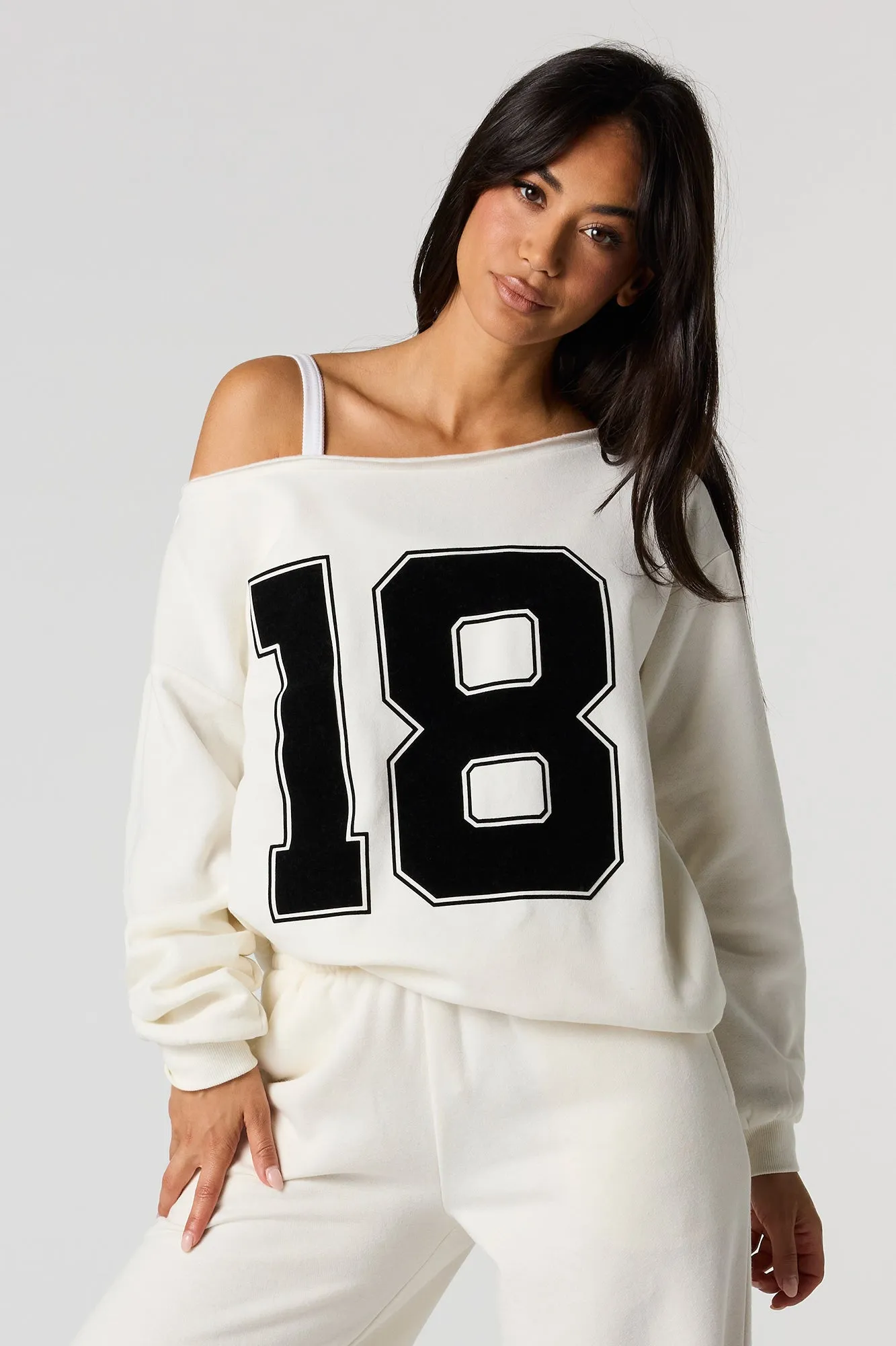 18 Flocked Print Off Shoulder Fleece Sweatshirt sold by Urban Planet