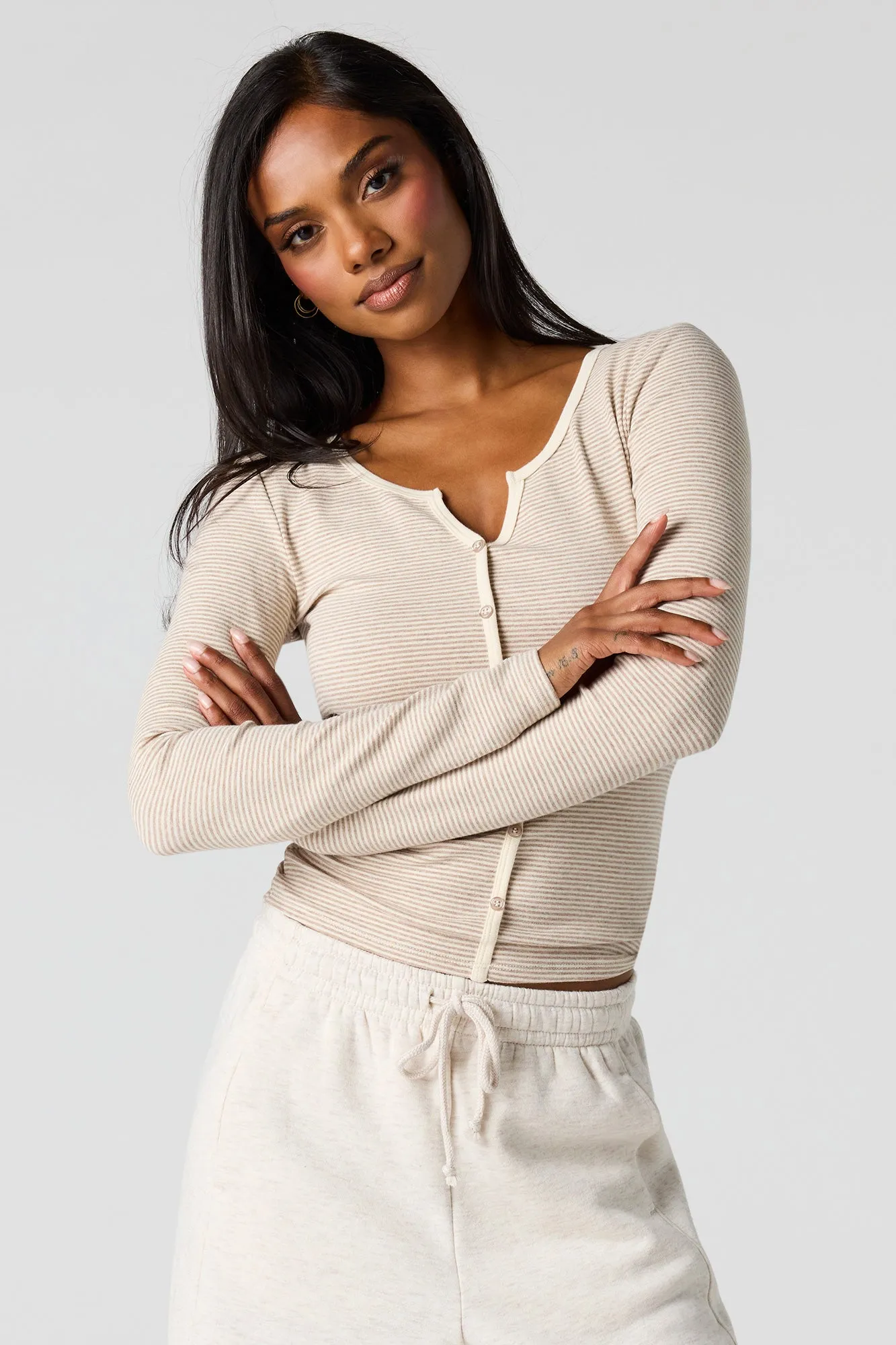 Ribbed Button-Up Long Sleeve Top sold by Urban Planet