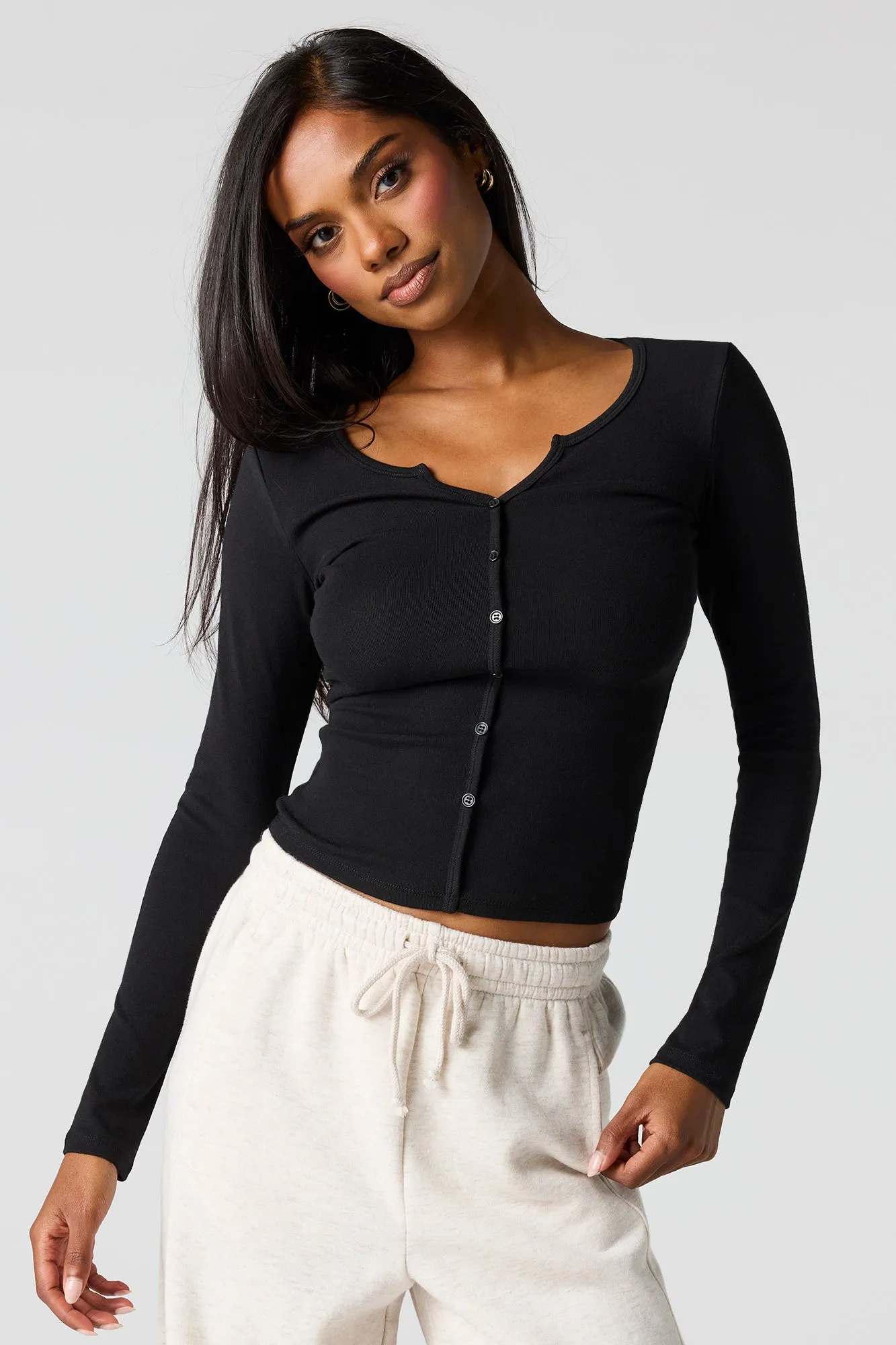 Ribbed Button-Up Long Sleeve Top sold by Urban Planet product image thumbnail 4