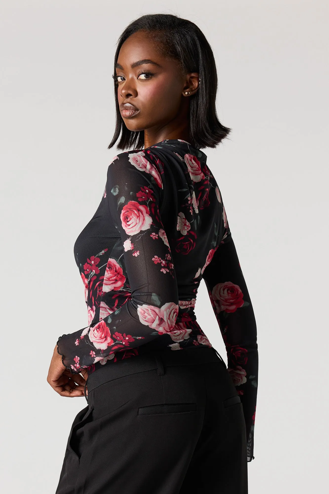 Floral Mesh Long Sleeve Cinched Bodysuit sold by Urban Planet product image thumbnail 2