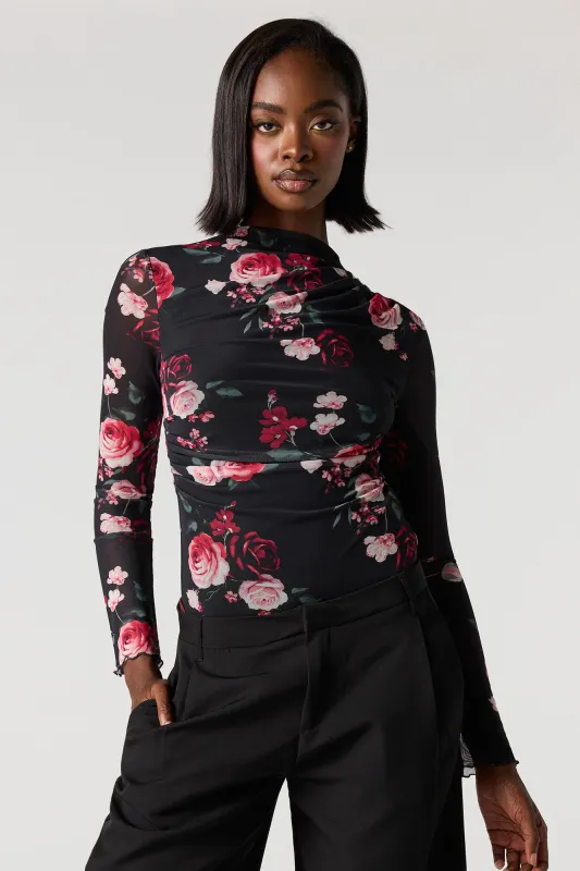 Floral Mesh Long Sleeve Cinched Bodysuit sold by Urban Planet