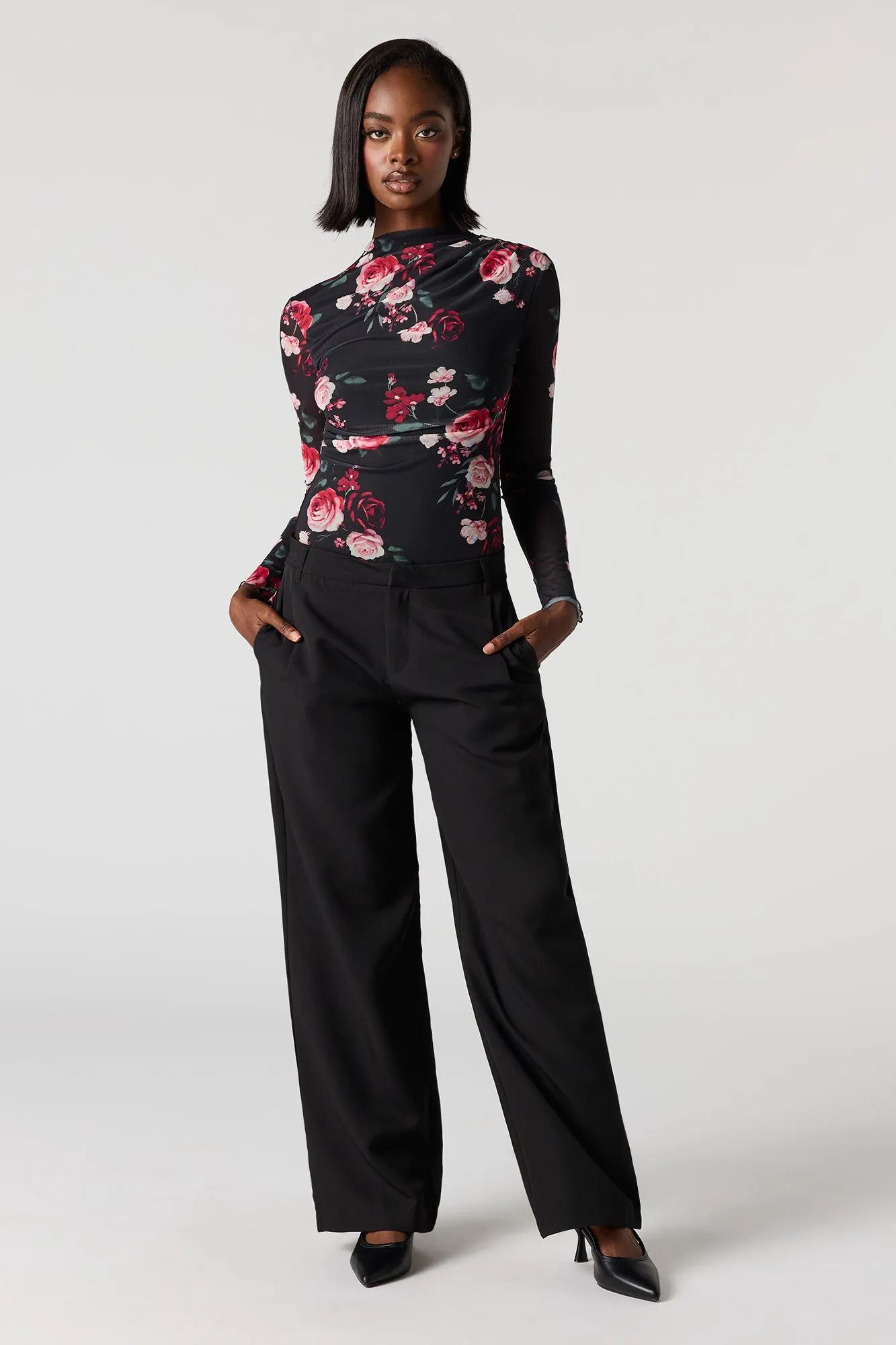 Floral Mesh Long Sleeve Cinched Bodysuit sold by Urban Planet product image thumbnail 3