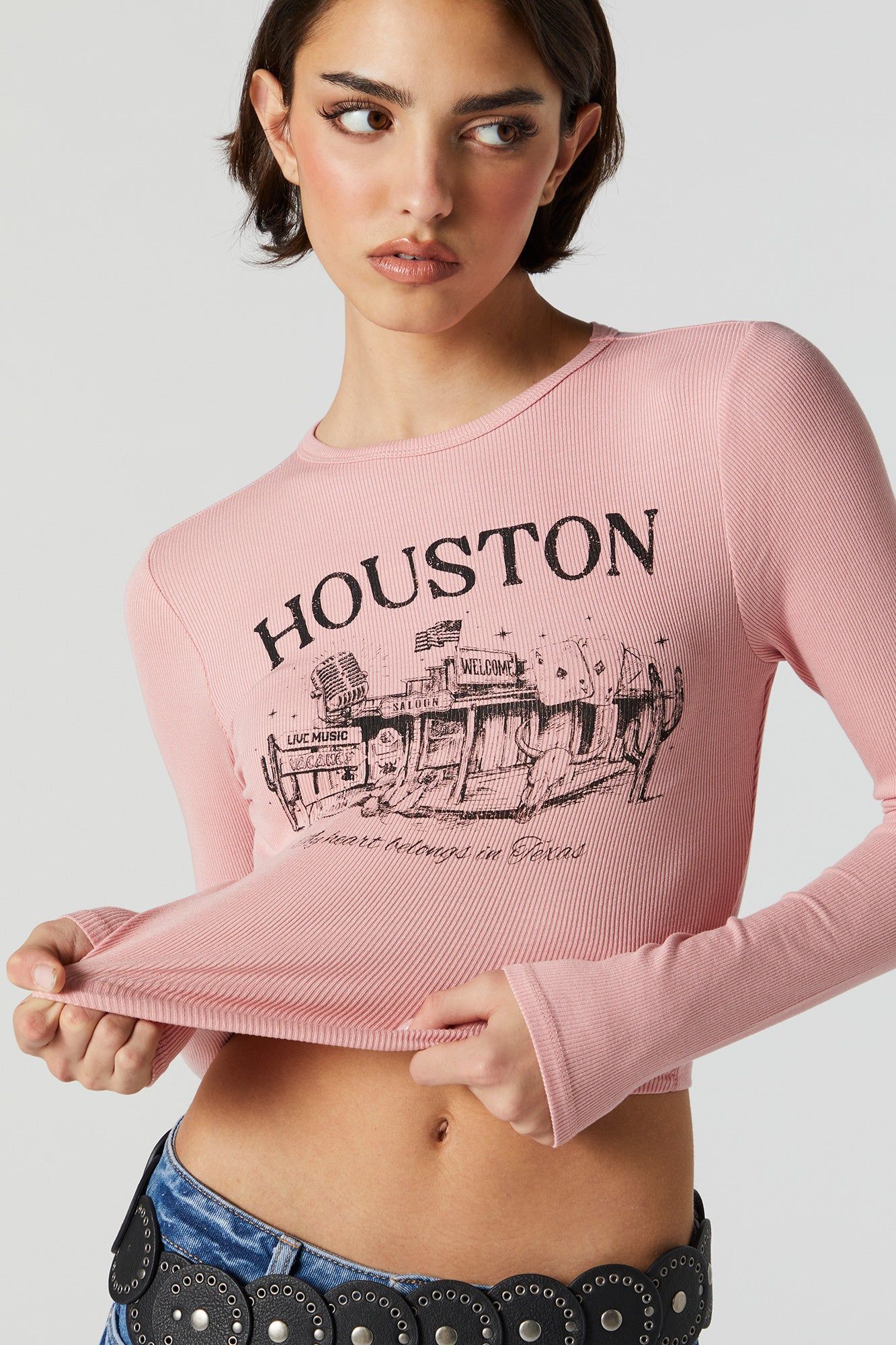 Ribbed Houston Graphic Long Sleeve Top sold by Urban Planet