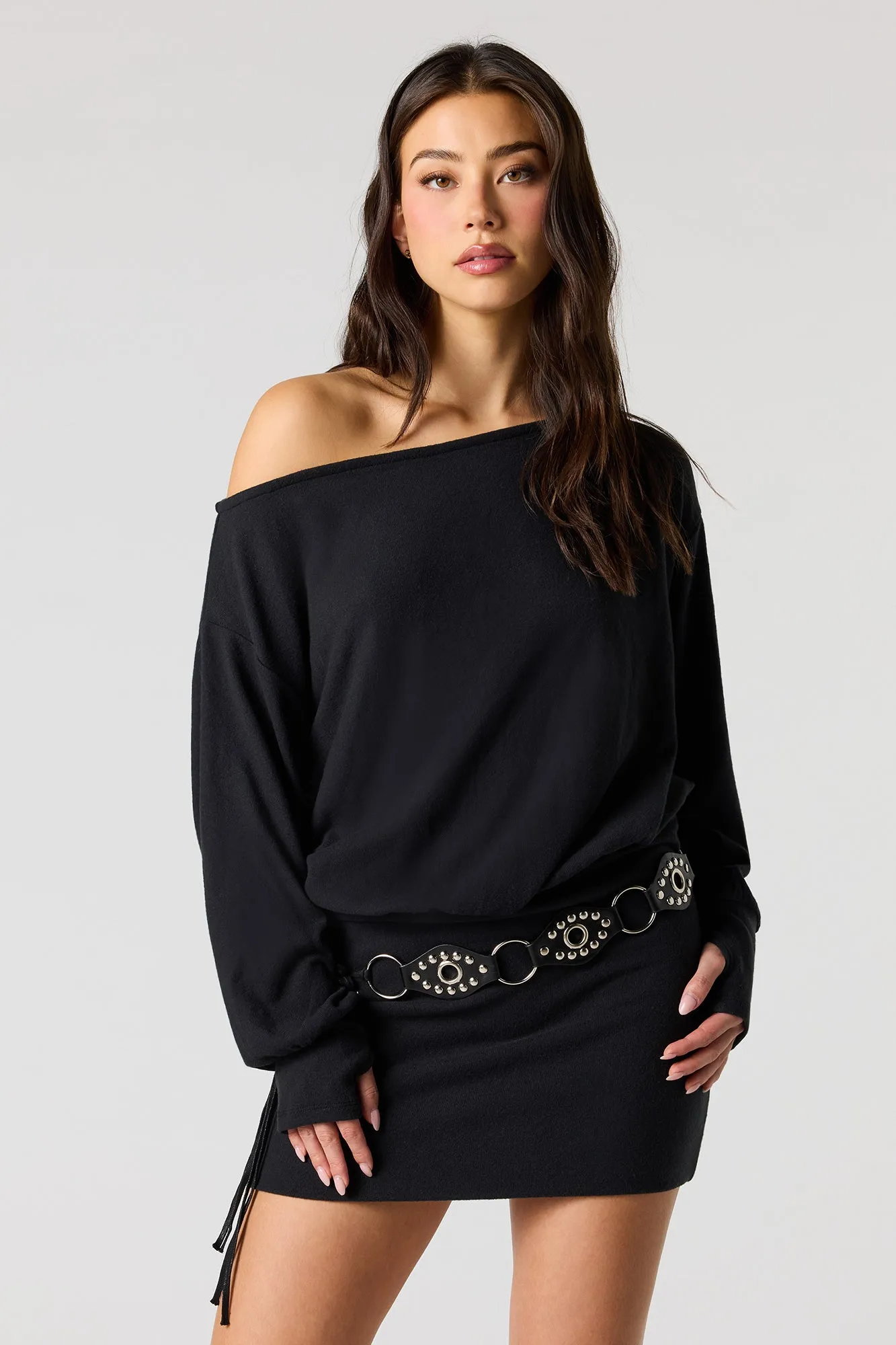 Knit Off Shoulder Long Sleeve Mini Dress sold by Urban Planet product image thumbnail 5