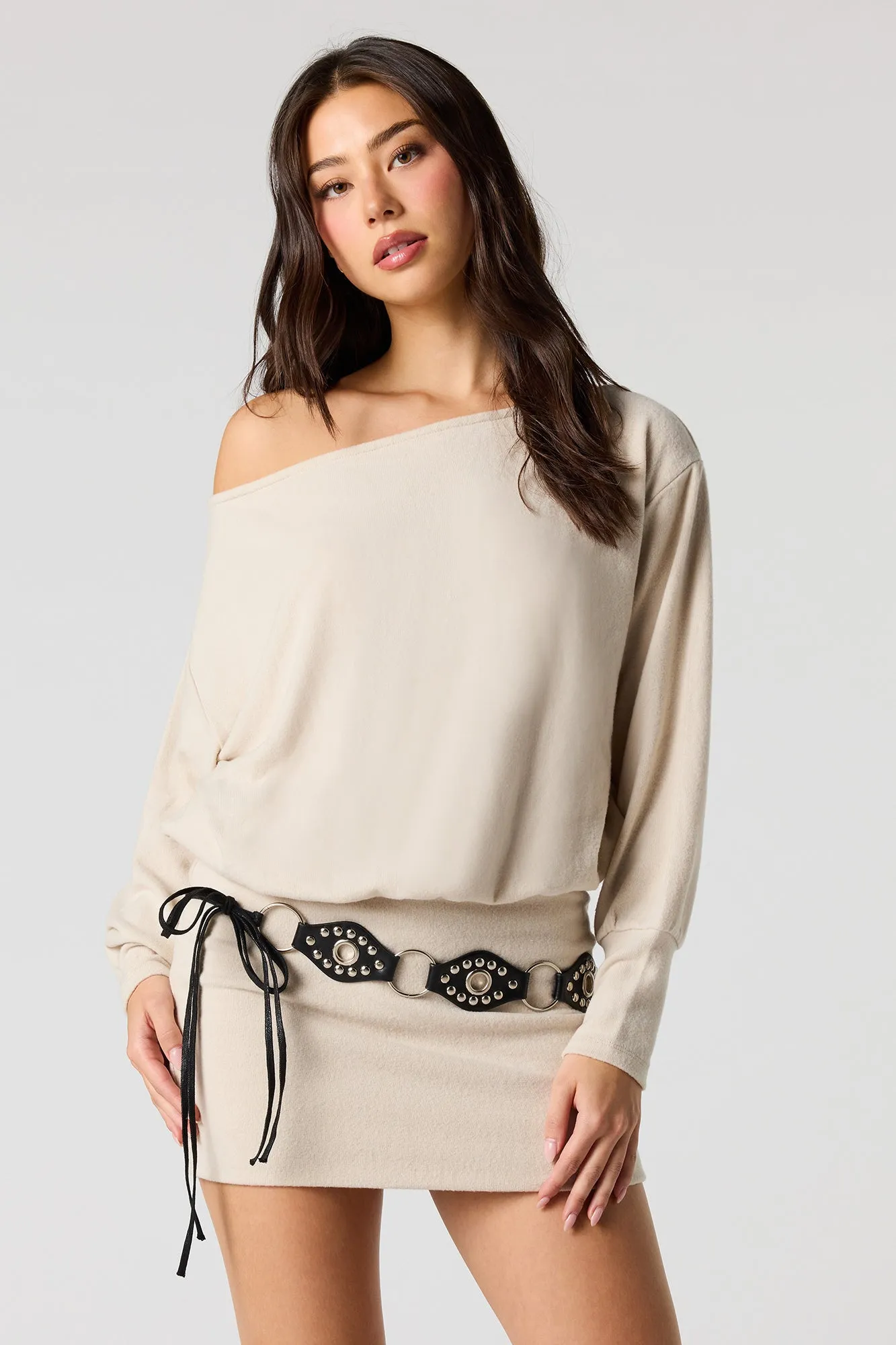 Knit Off Shoulder Long Sleeve Mini Dress sold by Urban Planet product image thumbnail 4