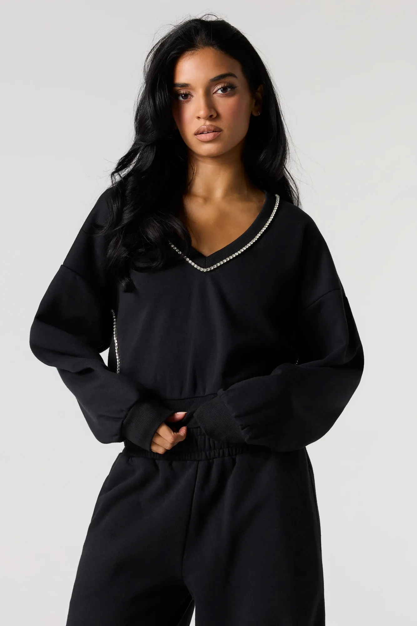 Rhinestone V-Neckline Fleece Cropped Sweatshirt sold by Urban Planet