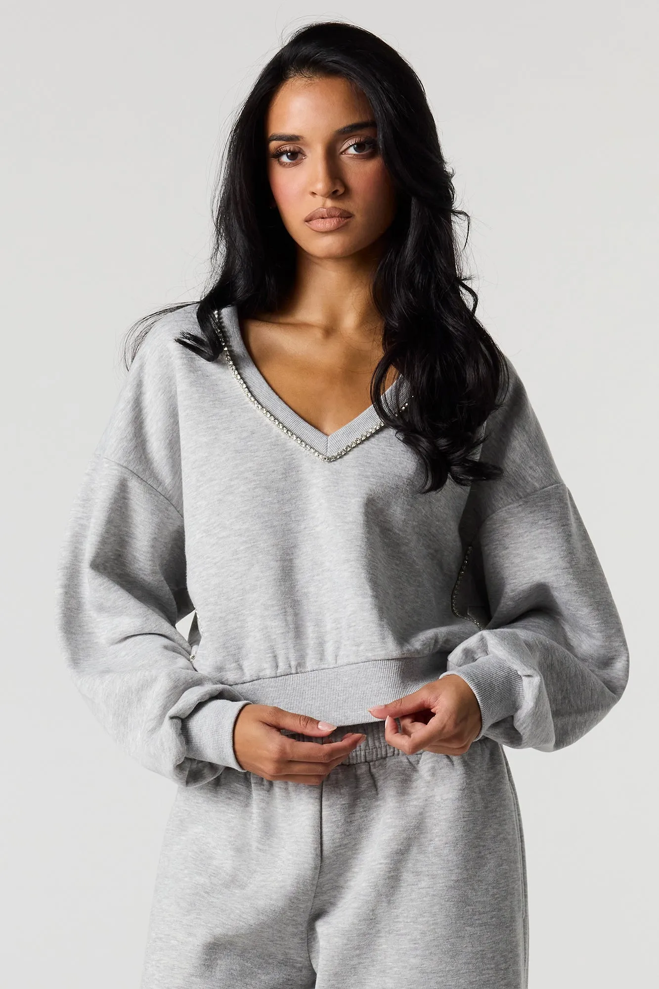 Rhinestone V-Neckline Fleece Cropped Sweatshirt sold by Urban Planet product image thumbnail 4