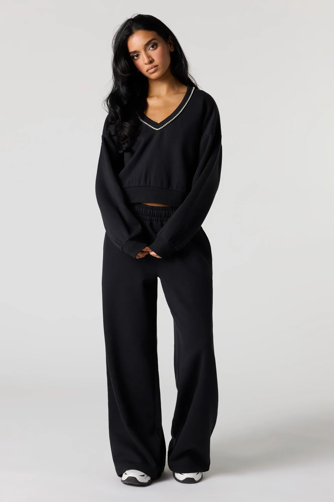 Rhinestone V-Neckline Fleece Cropped Sweatshirt sold by Urban Planet product image thumbnail 3