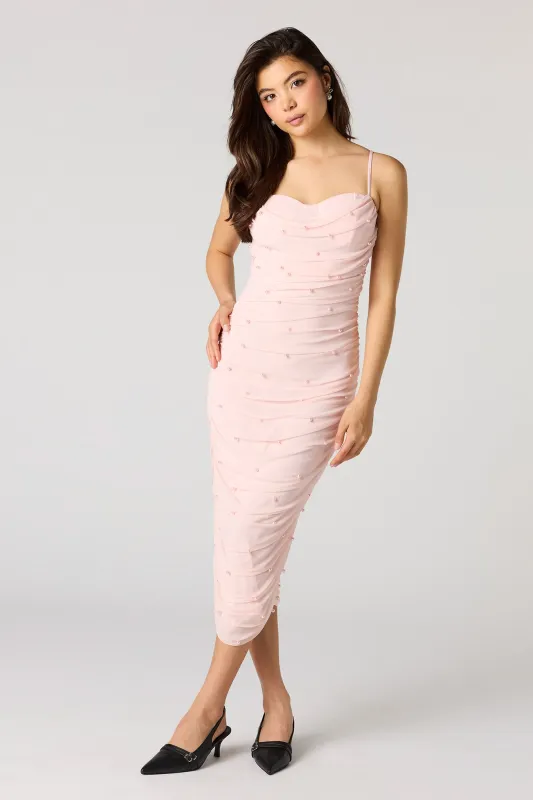 Mesh Pearl Ruched Maxi Dress made by Stitches