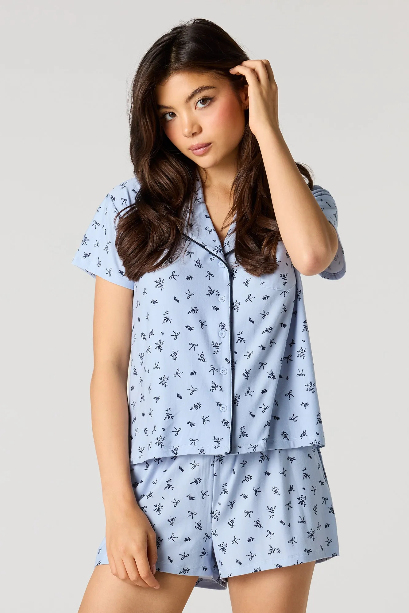 Printed Button-Up Collared Top & Short Pajama Set sold by Urban Planet