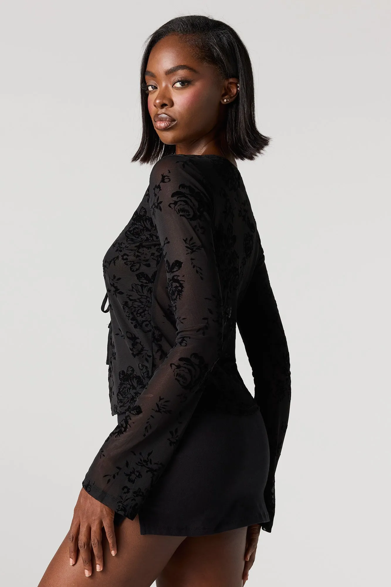 Floral Flocked Print Front-Tie Flyaway Top sold by Urban Planet product image thumbnail 5