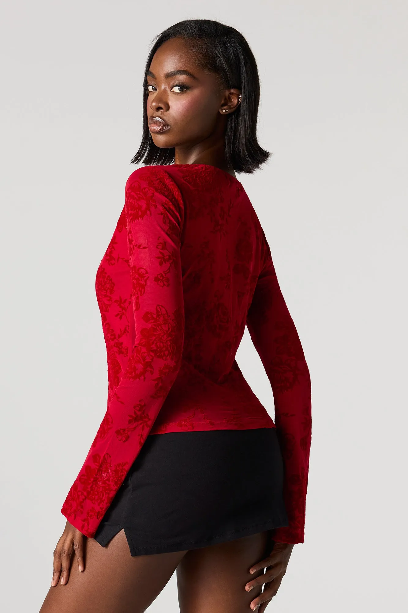 Floral Flocked Print Front-Tie Flyaway Top sold by Urban Planet product image thumbnail 2