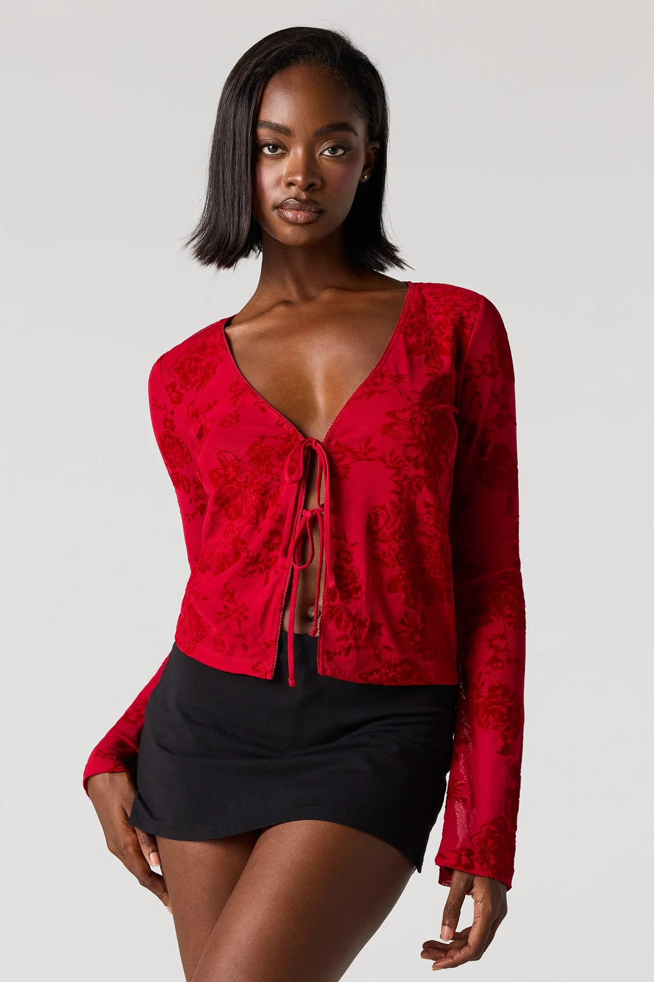 Floral Flocked Print Front-Tie Flyaway Top sold by Urban Planet