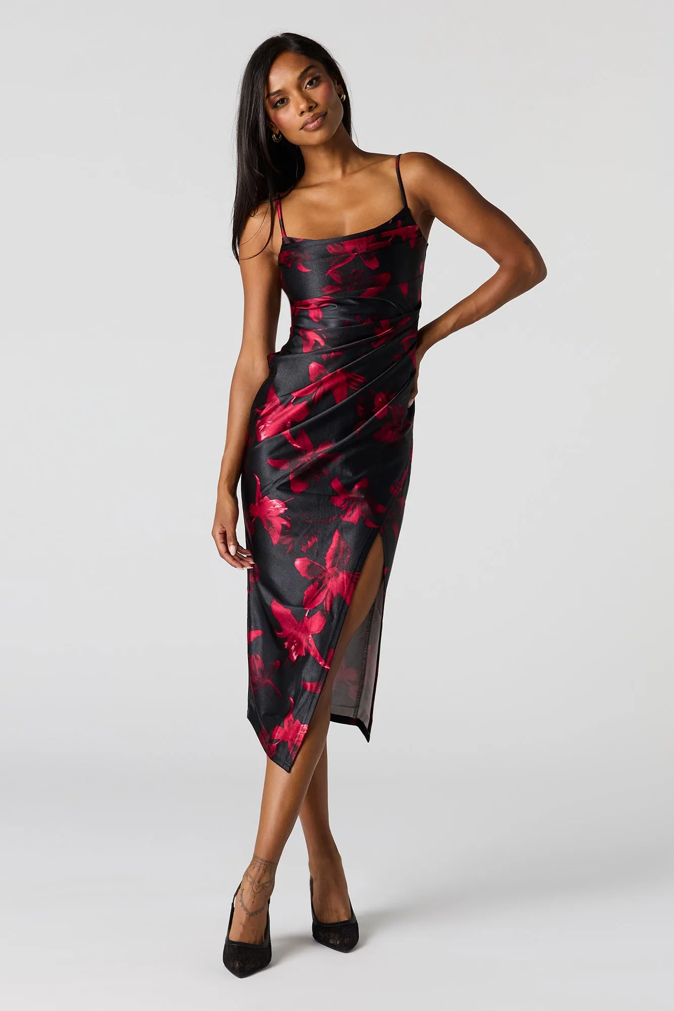 Satin Ruched Cowl Neck Slit Midi Dress sold by Urban Planet product image thumbnail 4
