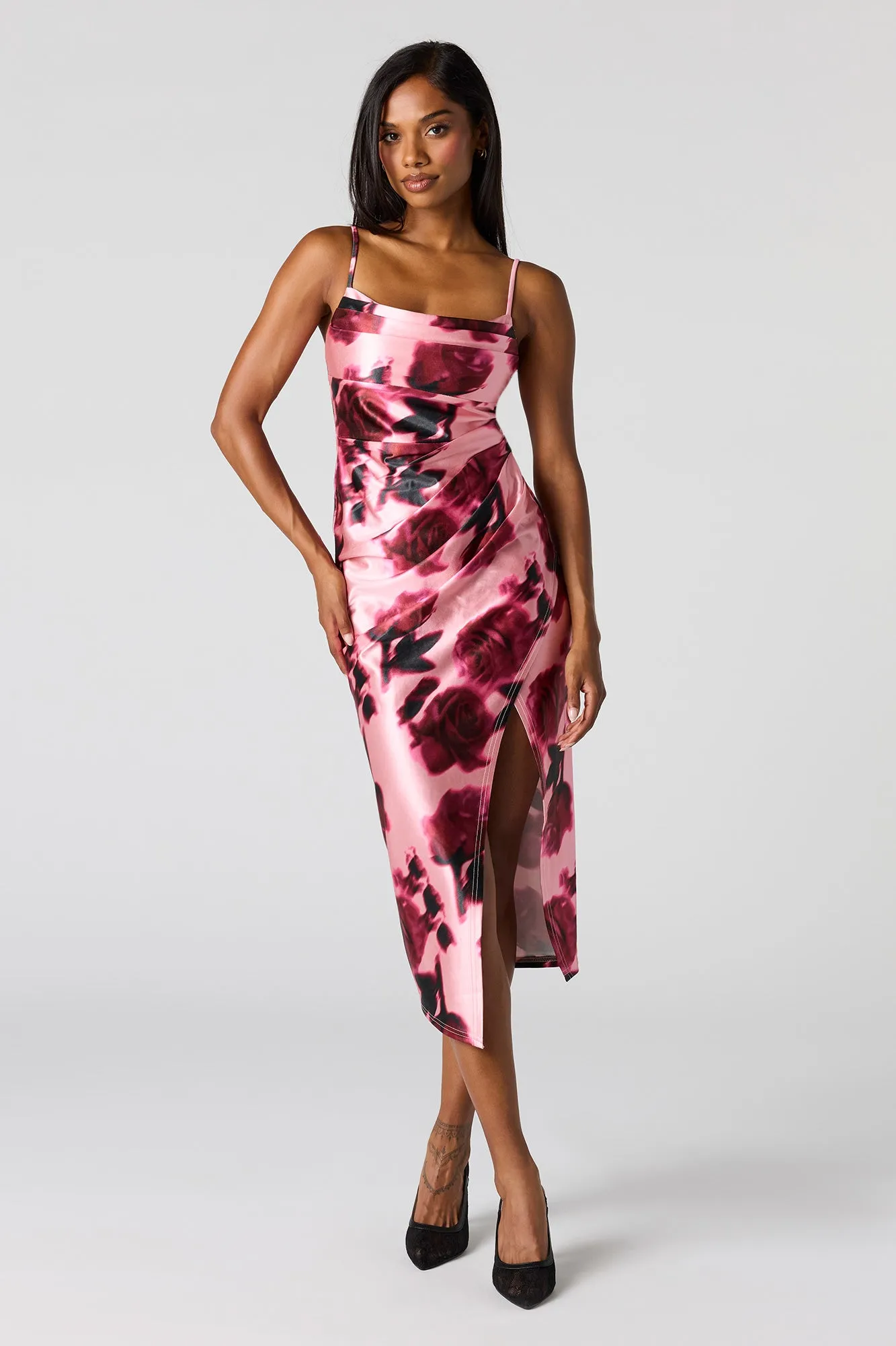 Satin Ruched Cowl Neck Slit Midi Dress sold by Urban Planet