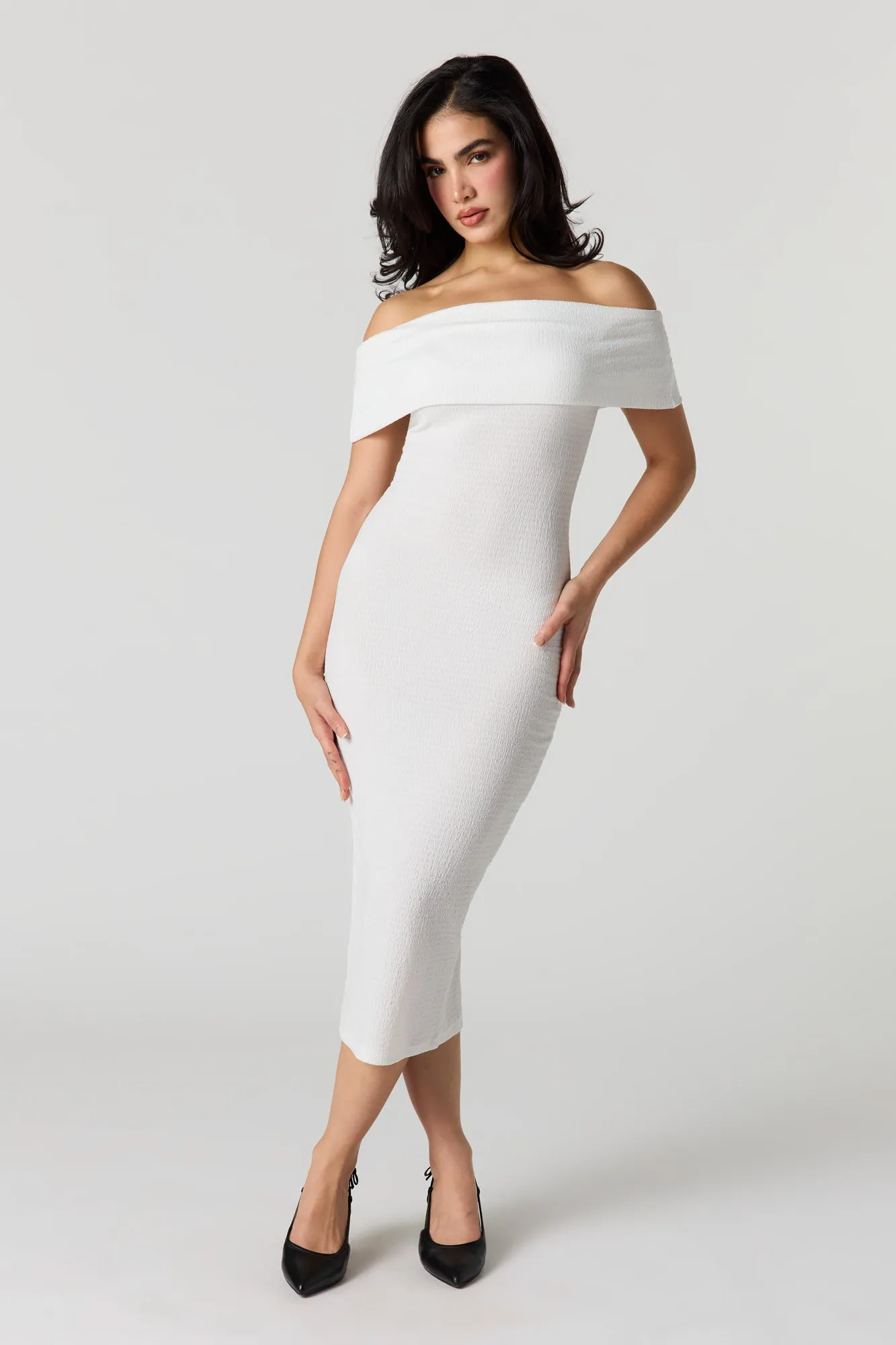Textured Off Shoulder Midi Dress sold by Urban Planet