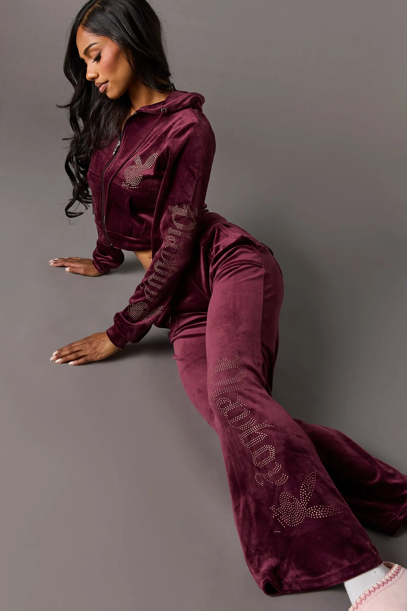 Playboy Rhinestone Velour Wide Leg Sweatpant sold by Urban Planet