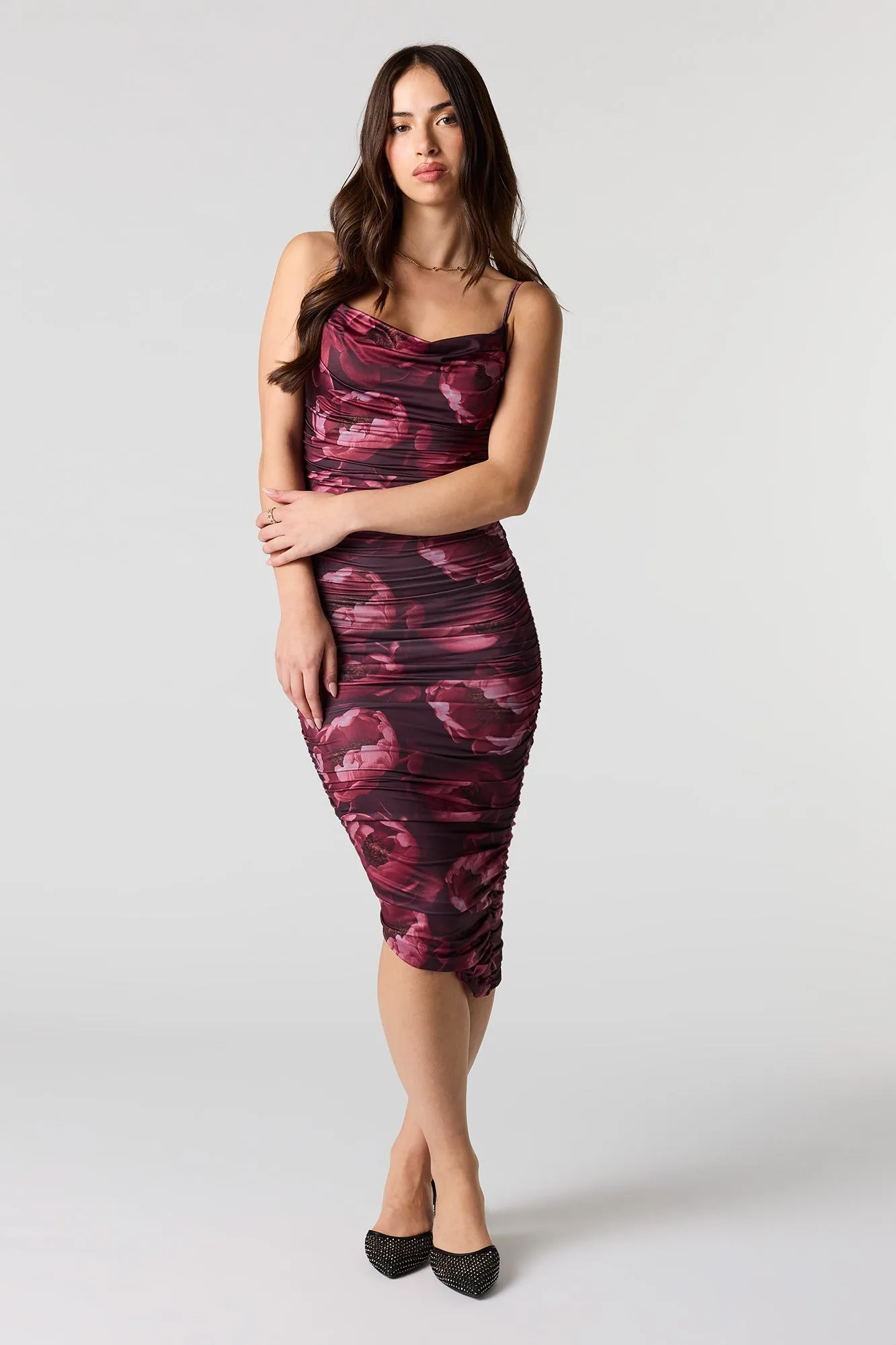 Contour Ruched Cowl Neck Asymmetrical Midi Dress sold by Urban Planet