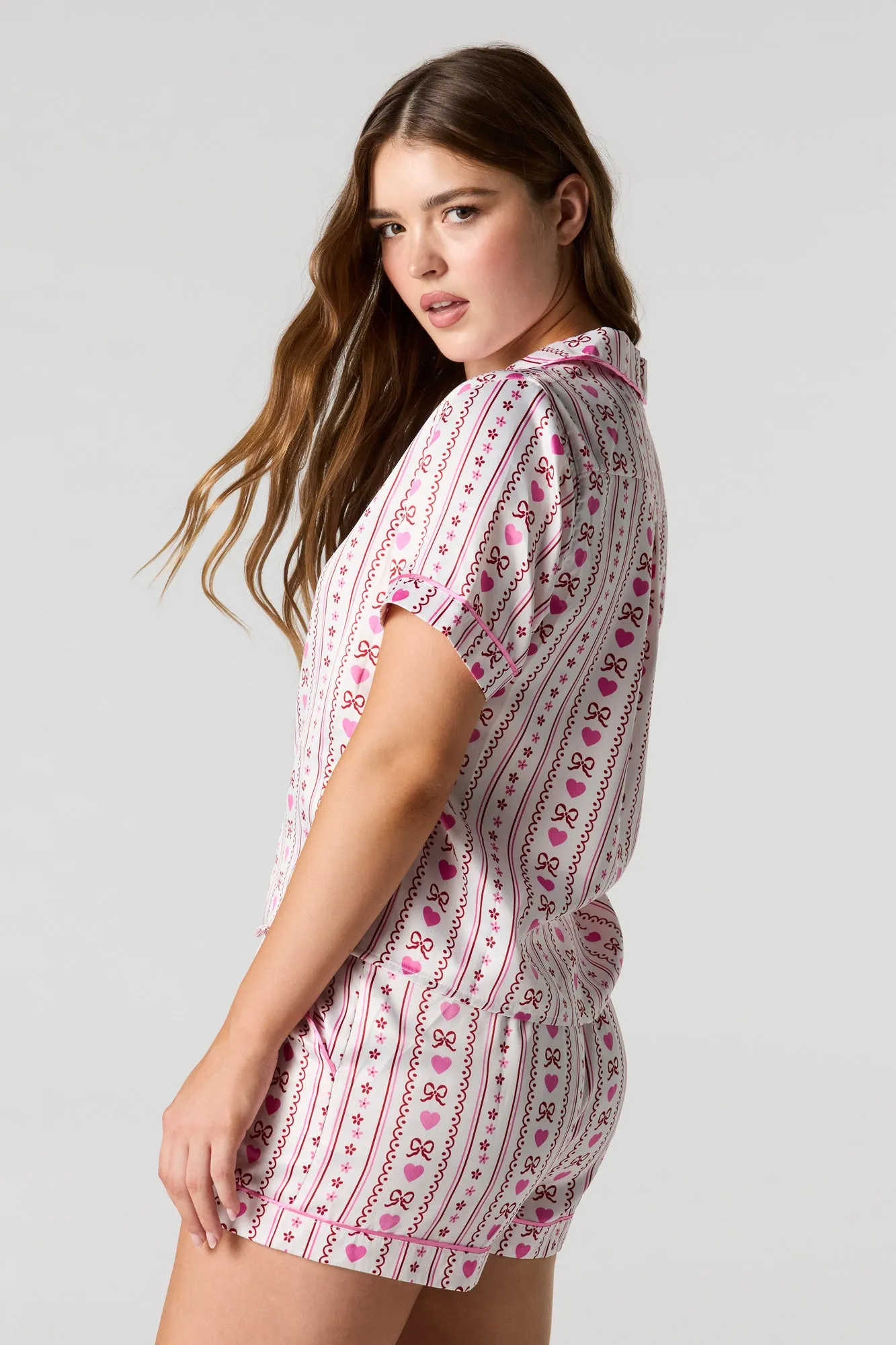 Satin Printed Button-Up Shirt & Short Pajama Set sold by Urban Planet product image thumbnail 2