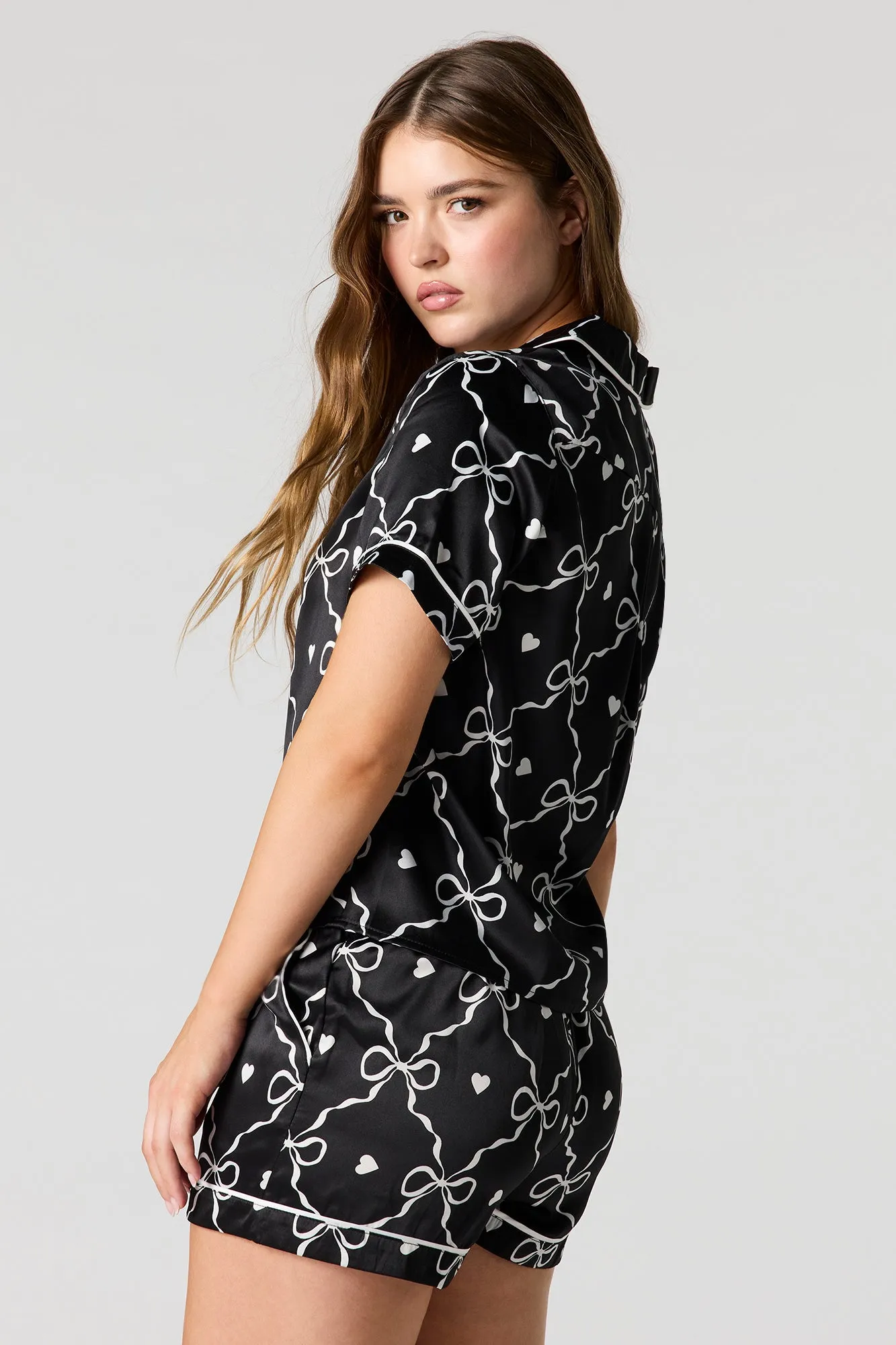 Satin Printed Button-Up Shirt & Short Pajama Set sold by Urban Planet product image thumbnail 5