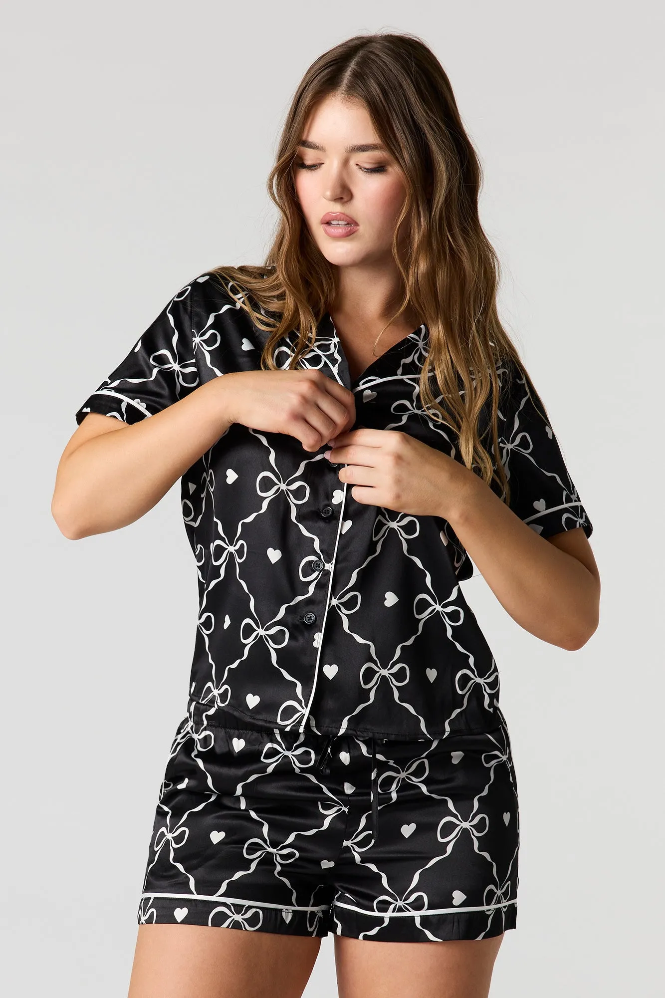 Satin Printed Button-Up Shirt & Short Pajama Set sold by Urban Planet product image thumbnail 4