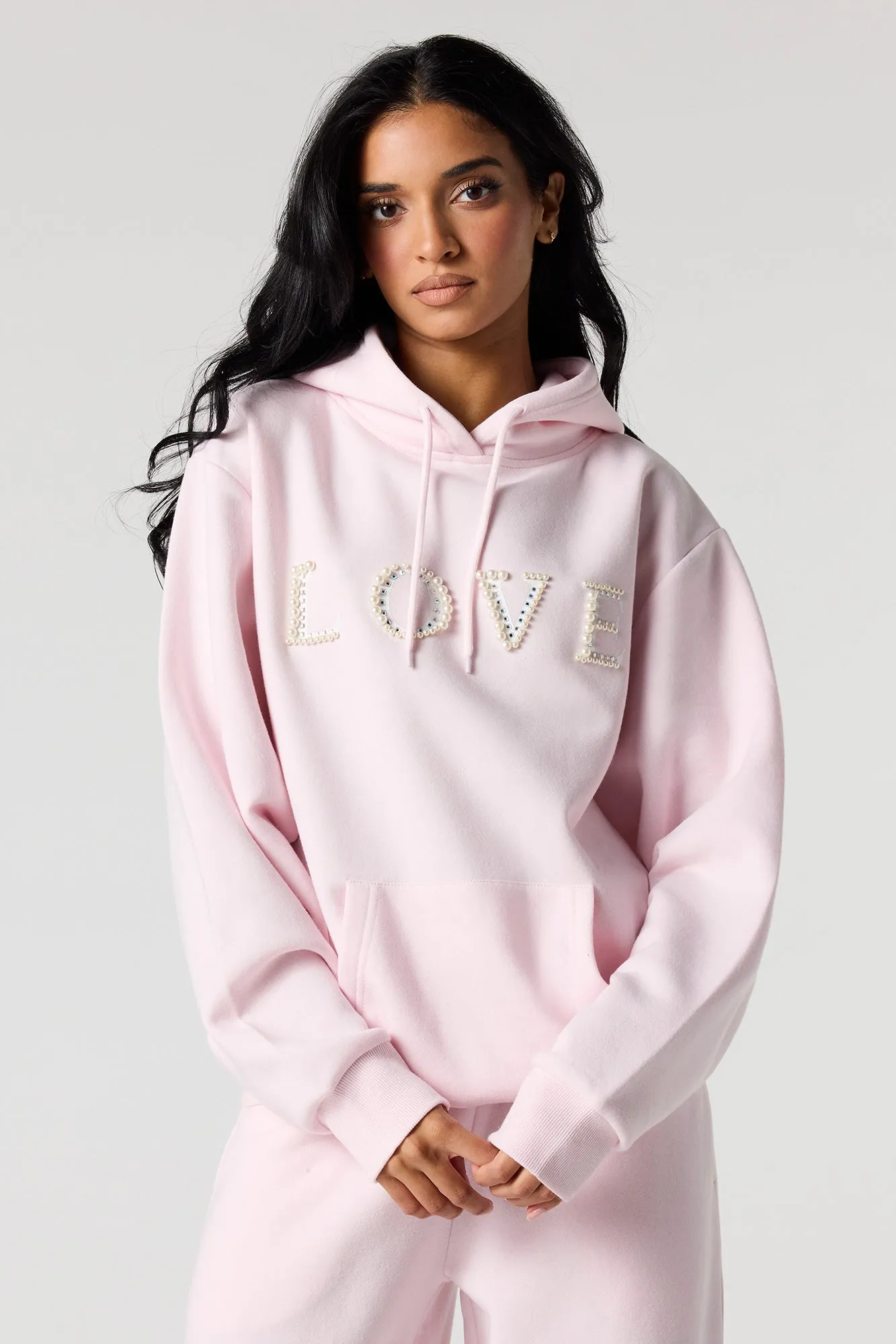 Rhinestone Faux Pearl Fleece Hoodie sold by Urban Planet
