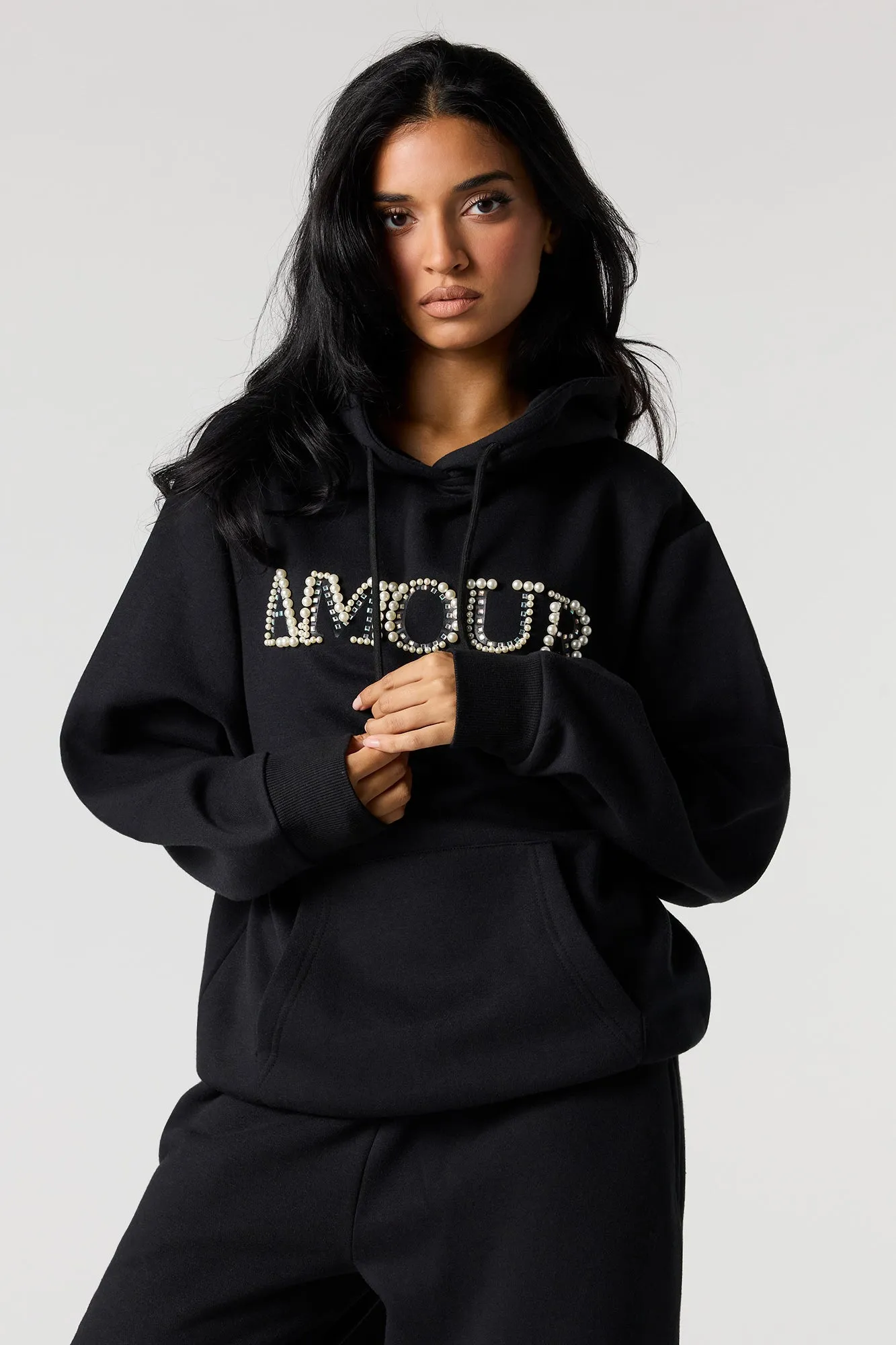 Rhinestone Faux Pearl Fleece Hoodie sold by Urban Planet product image thumbnail 4