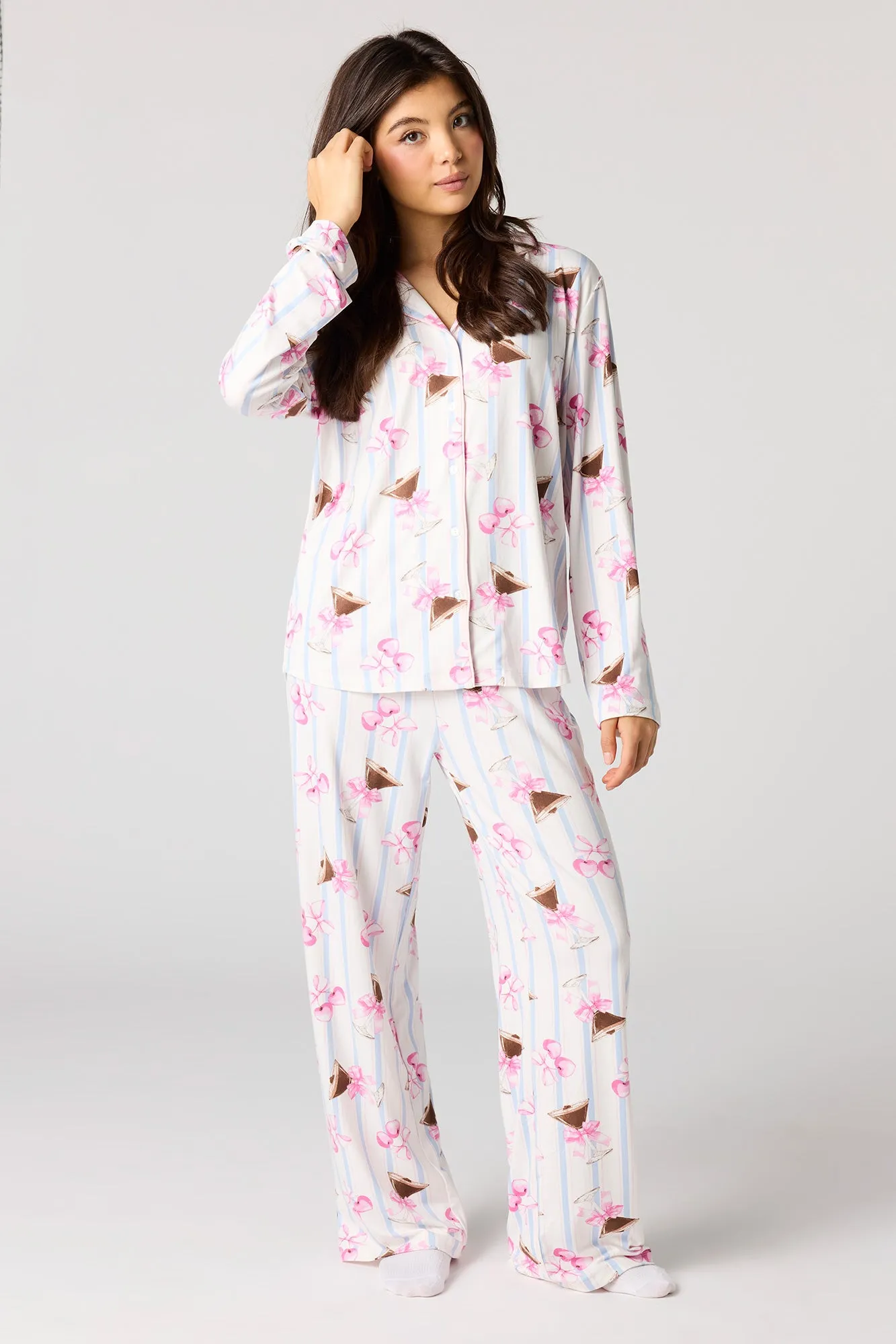 Button-Up Collared Long Sleeve Top & Pant Pajama Set sold by Urban Planet product image thumbnail 5
