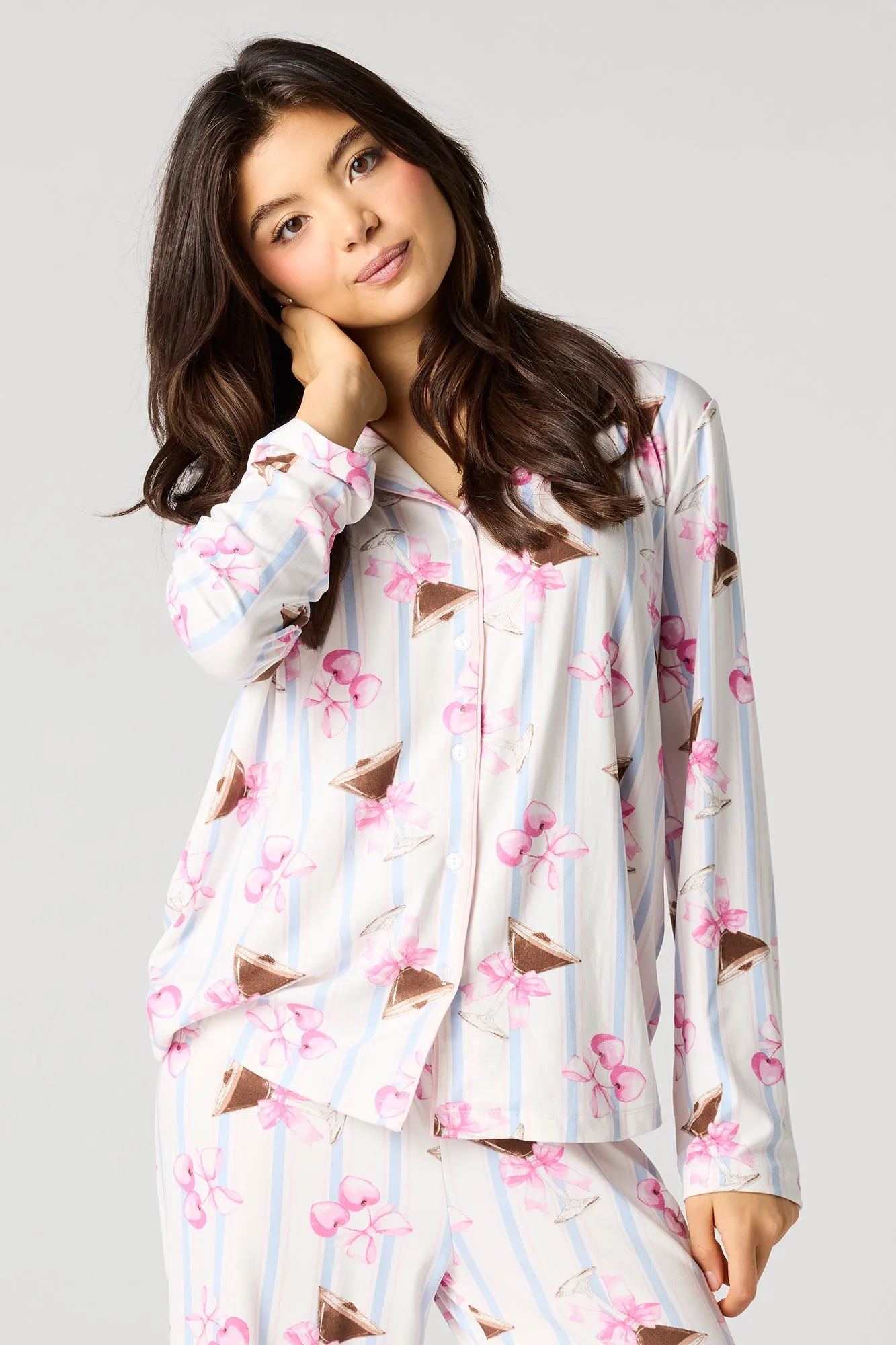 Button-Up Collared Long Sleeve Top & Pant Pajama Set sold by Urban Planet product image thumbnail 2