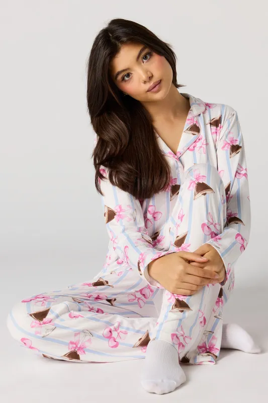 Button-Up Collared Long Sleeve Top & Pant Pajama Set made by Stitches