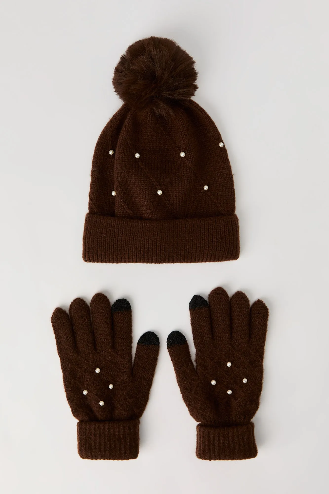 Faux Pearl Diamond Knit Beanie & Gloves Set (3 Pcs) sold by Urban Planet product image thumbnail 4