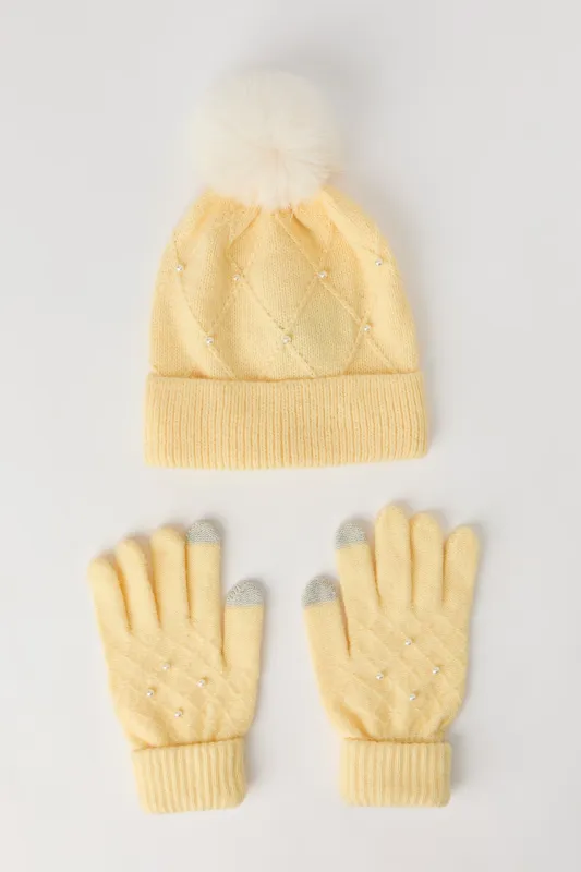 Faux Pearl Diamond Knit Beanie & Gloves Set (3 Pcs) sold by Urban Planet