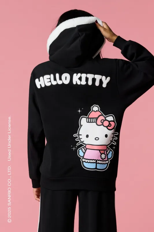 Hello Kitty® Puff Print Faux Fur Trim Hoodie sold by Urban Planet