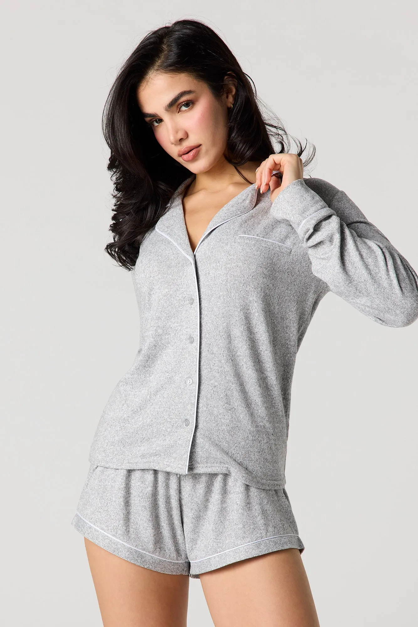 Collared Long Sleeve Top & Short Pajama Set sold by Urban Planet product image thumbnail 4
