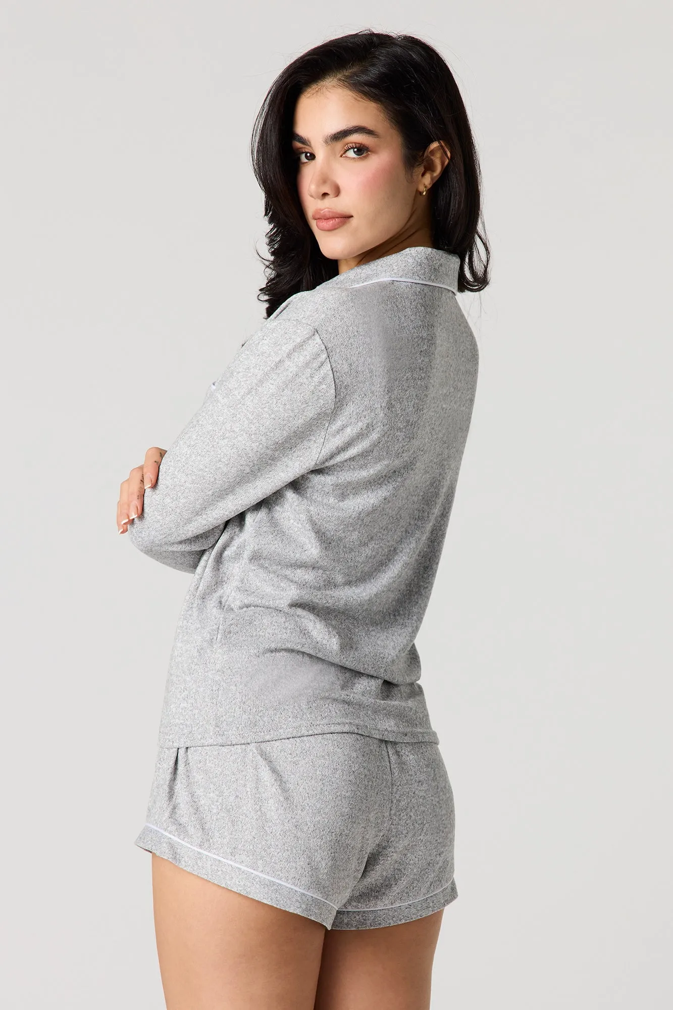 Collared Long Sleeve Top & Short Pajama Set sold by Urban Planet product image thumbnail 5