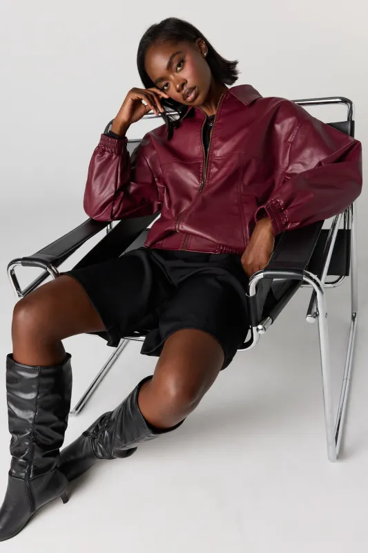 Faux Leather Collared Bomber Jacket sold by Urban Planet