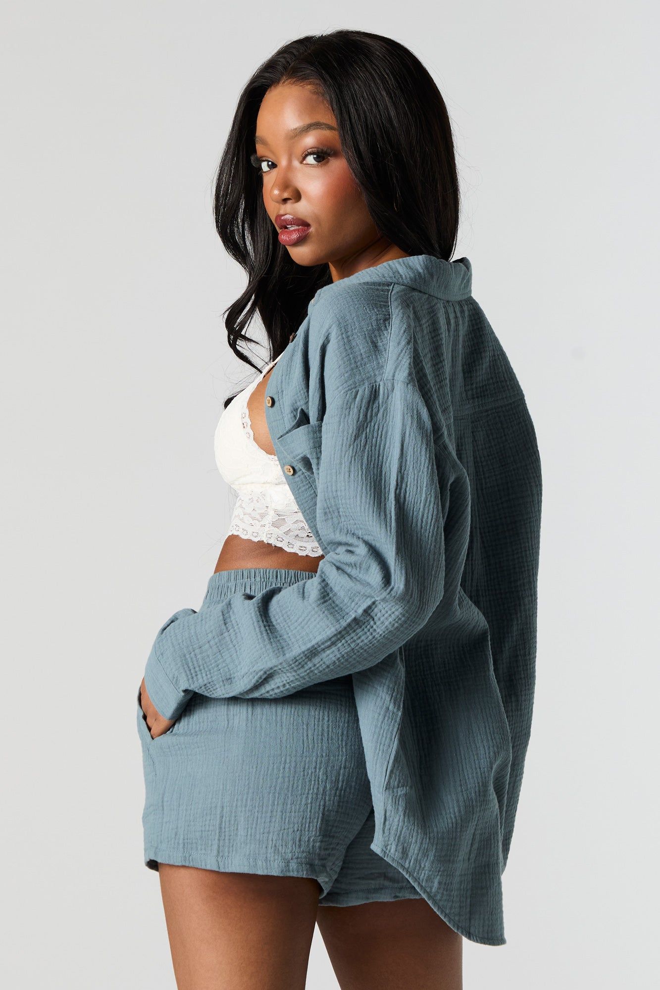 Textured Button-Up Long Sleeve Top sold by Urban Planet product image thumbnail 2