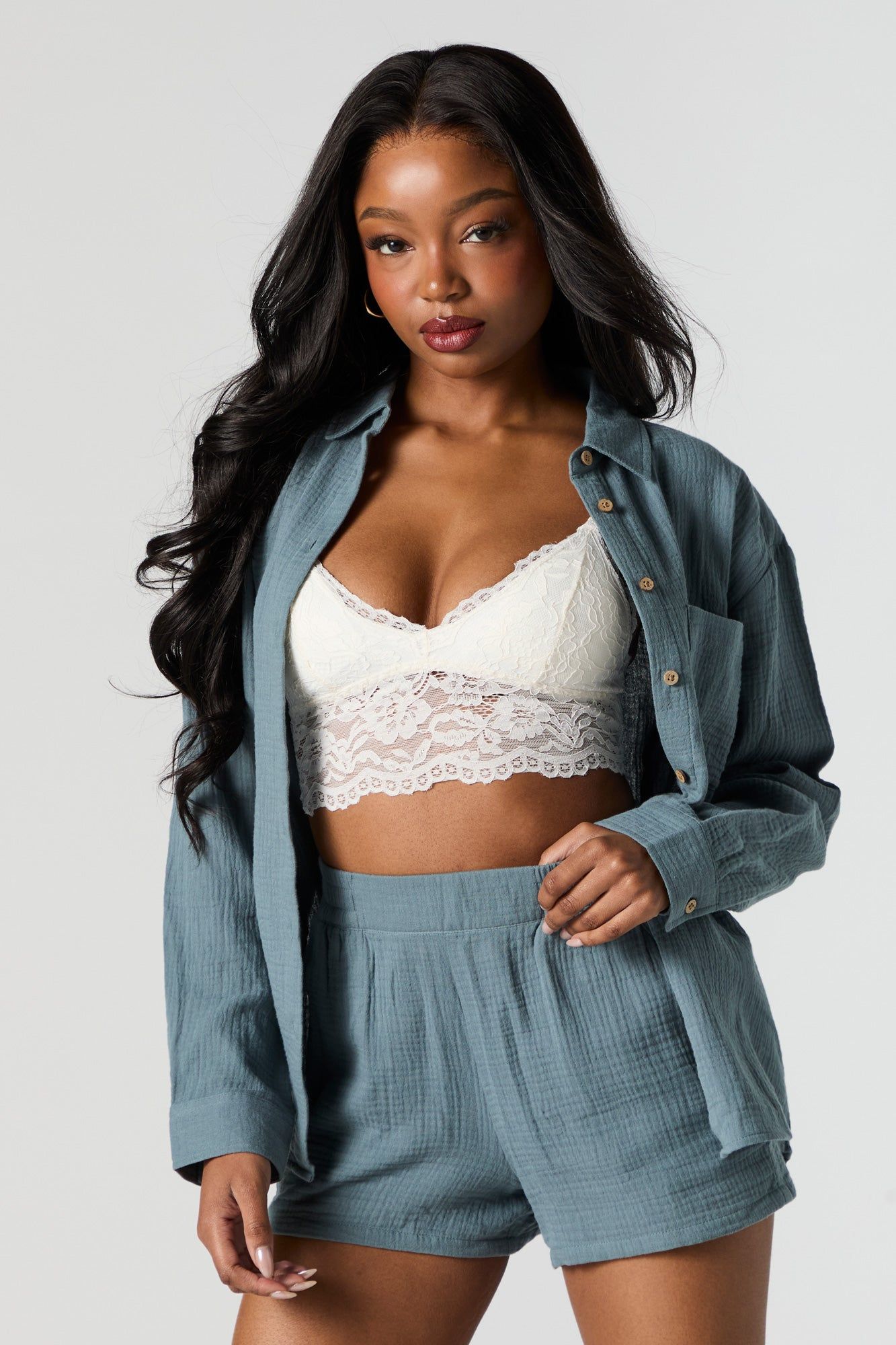 Textured Button-Up Long Sleeve Top sold by Urban Planet