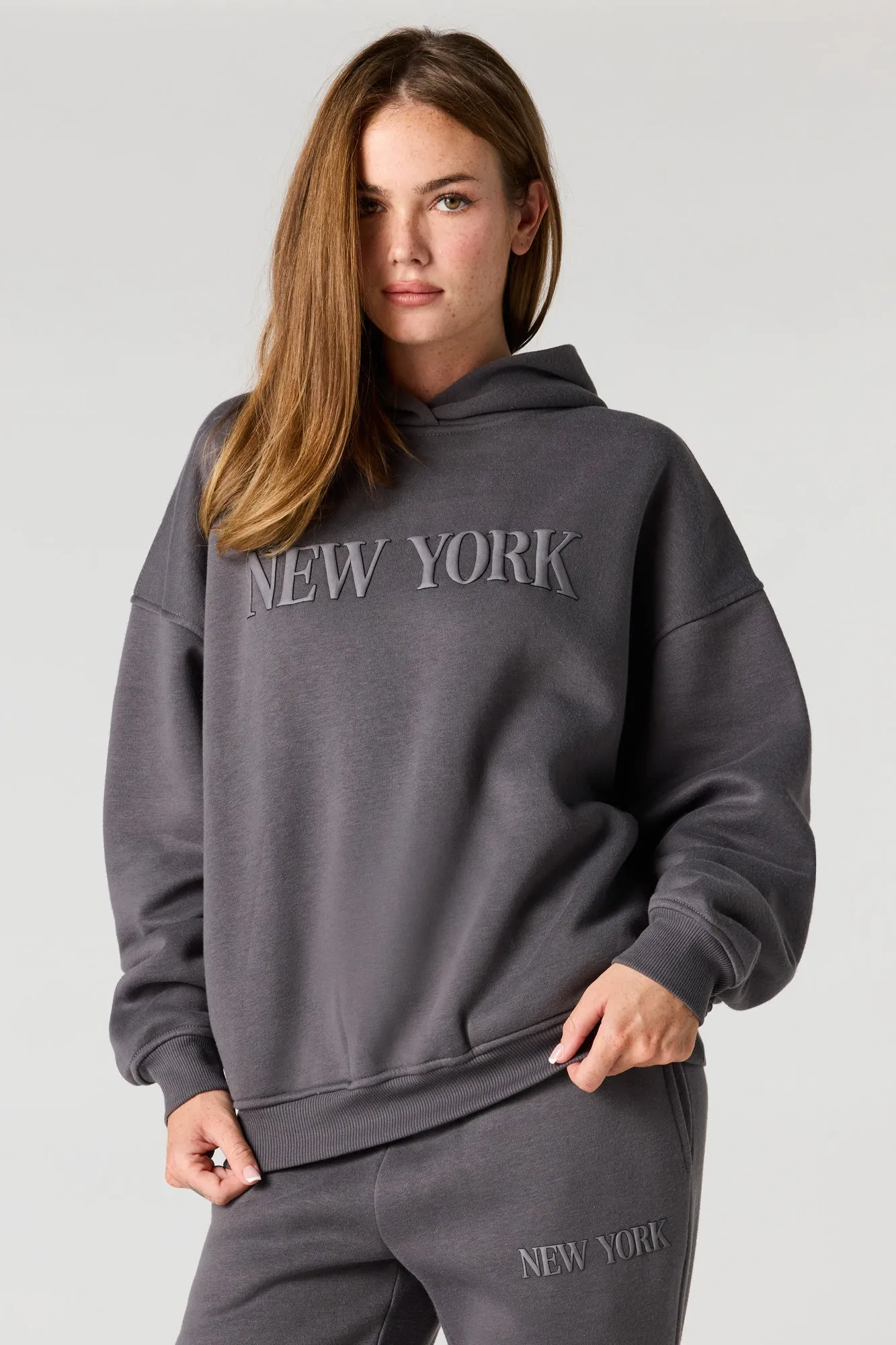 NY Puff Print Boxy Fleece Hoodie sold by Urban Planet